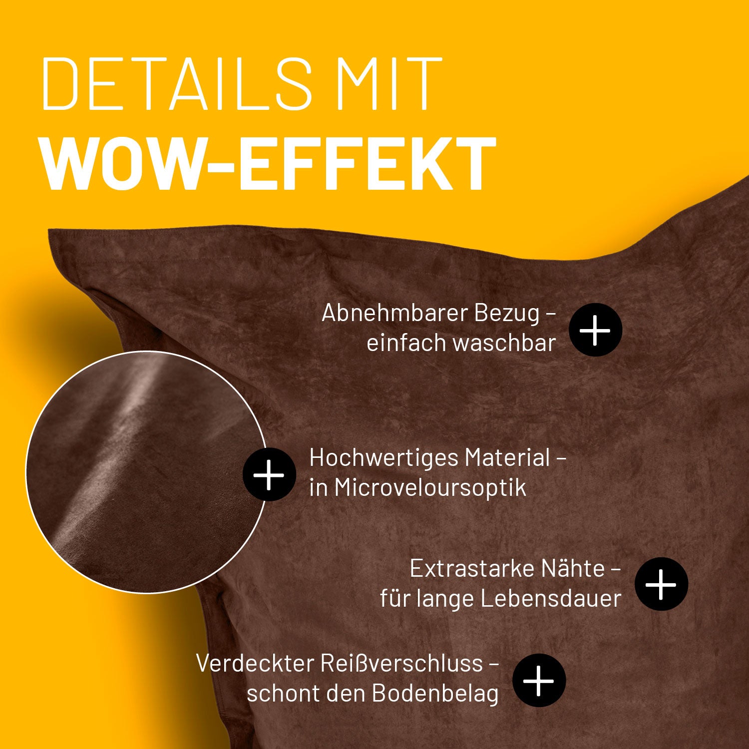 XXL Microvelours Sitzsack (380 L) Braun mit abnehmbarem Bezug, hochwertigem Material, extrastarken Nähten und verdecktem Reißverschluss.