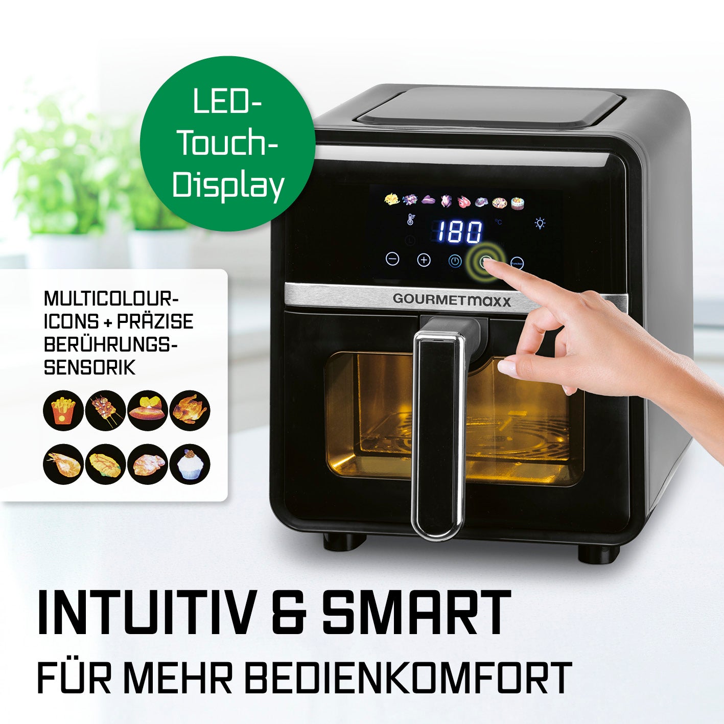 Heißluftfritteuse - 5 Liter mit Multi-Color LED-Touchdisplay und intuitiver Steuerung für fettarmes Frittieren und vielseitige Programme.