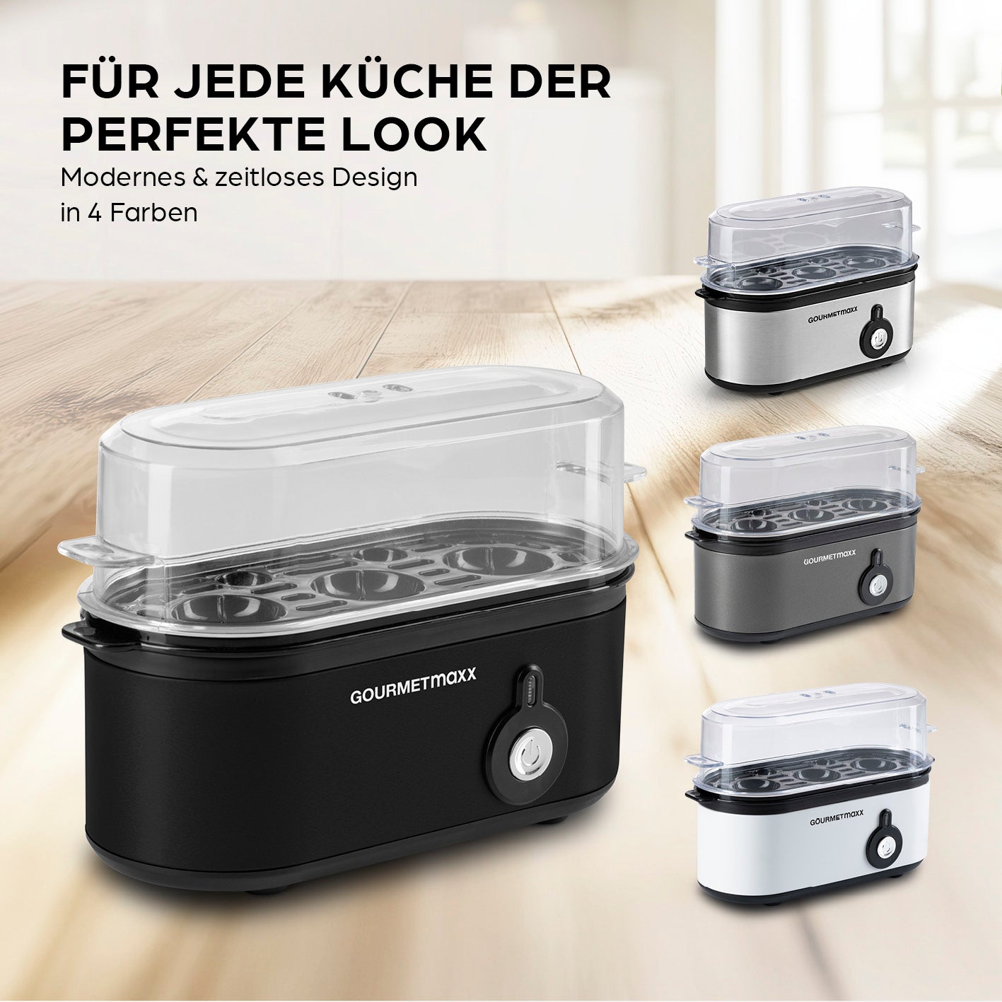 Design-Eierkocher 3 Eier - Schwarz mit modernem Design, kompakt, für 3 Eier, einfache Bedienung und platzsparend für jede Küche.