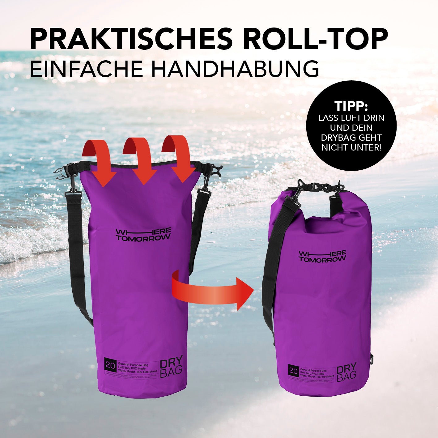 Dry Bag 20L - Style 01 - Lila mit wasserdichtem Rolltop-Verschluss, robust und ideal für Outdoor-Abenteuer wie Standup-Paddling und Camping.