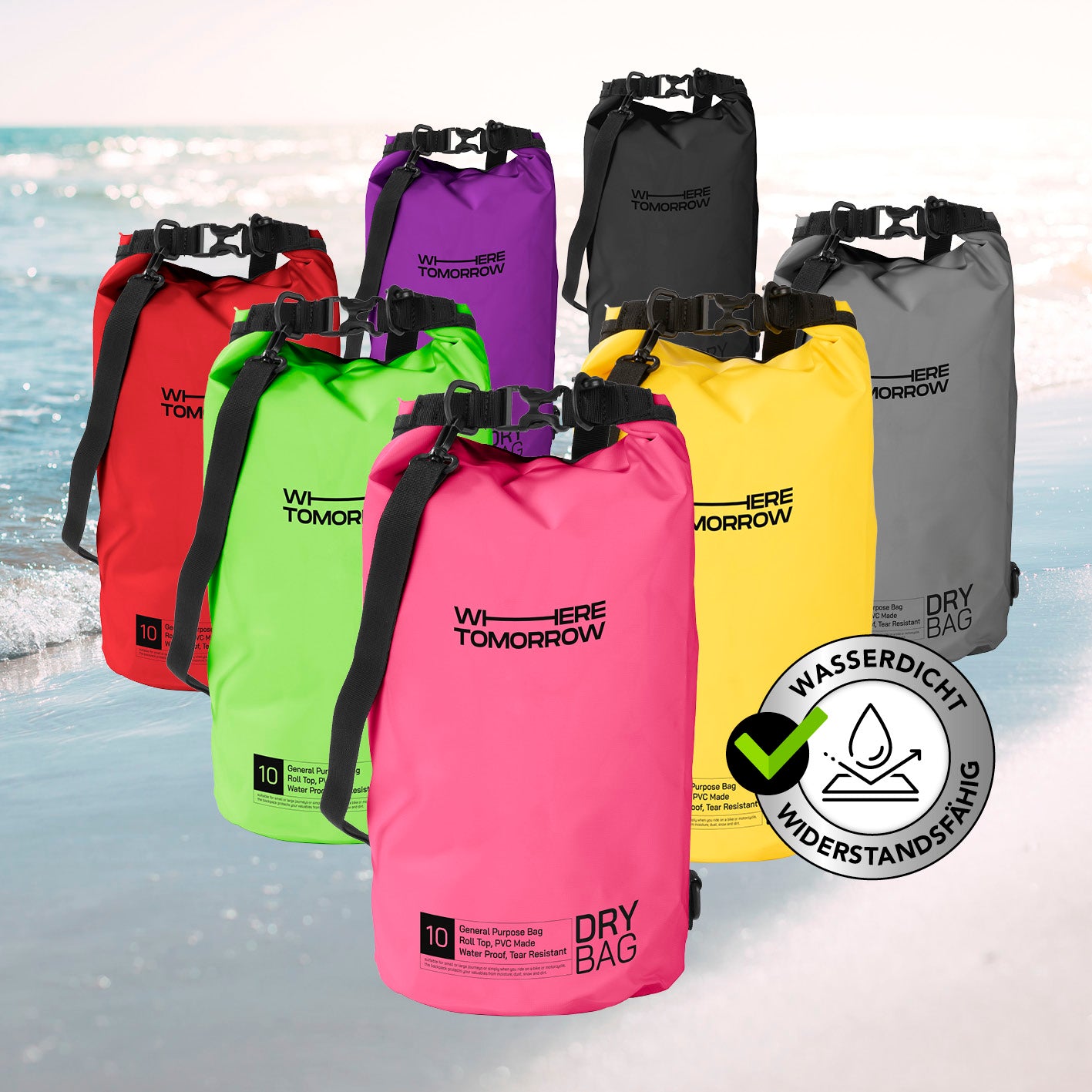 Dry Bag 10L - Style 01 - Pink, wasserdichter Outdoor-Rucksack mit robustem Rolltop-Verschluss und verstellbarem Schultergurt für Abenteuer.