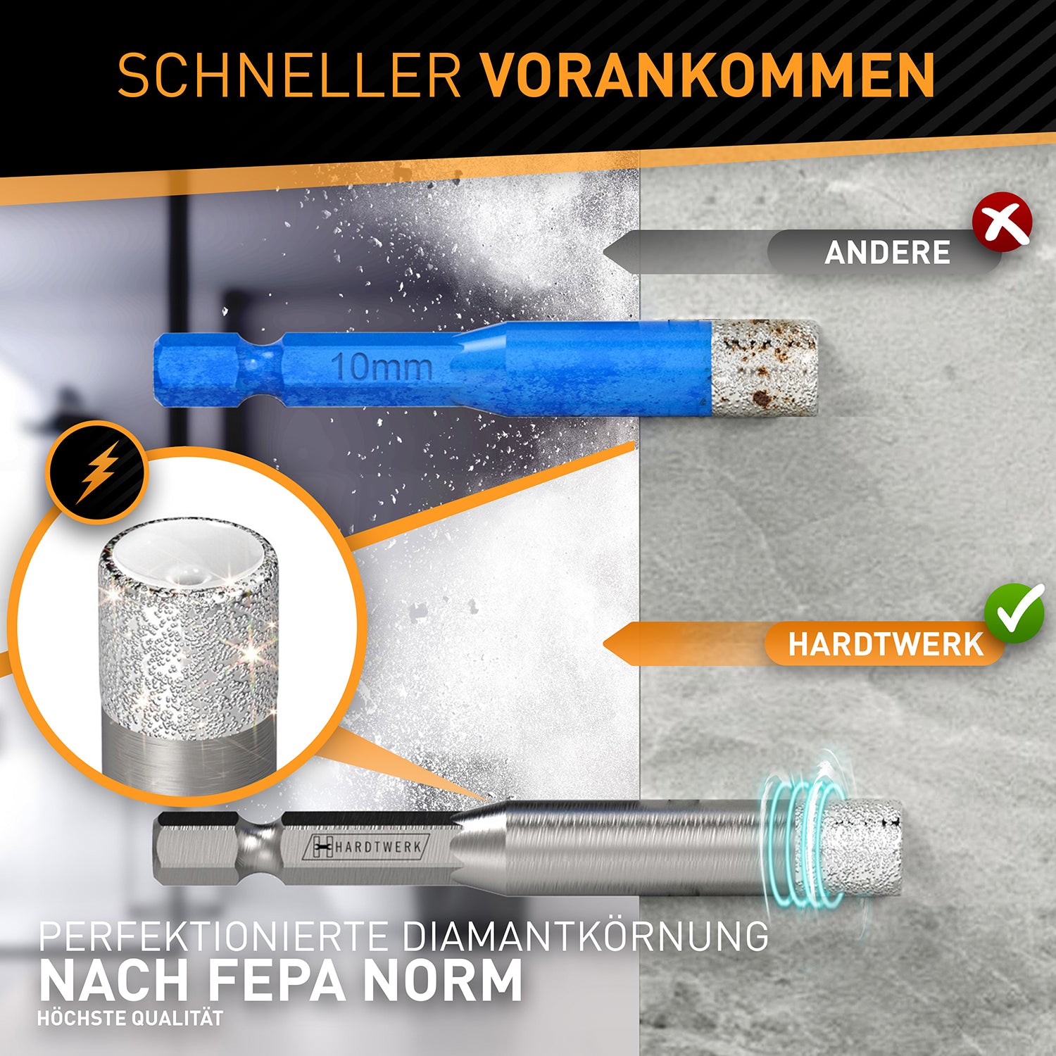 Fliesenbohrer Set 6-tlg. - inkl. Reinigungspin mit Präzisionsdiamantkörnung nach FEPA für saubere, selbstkühlende Bohrungen in Fliesen und Stein.