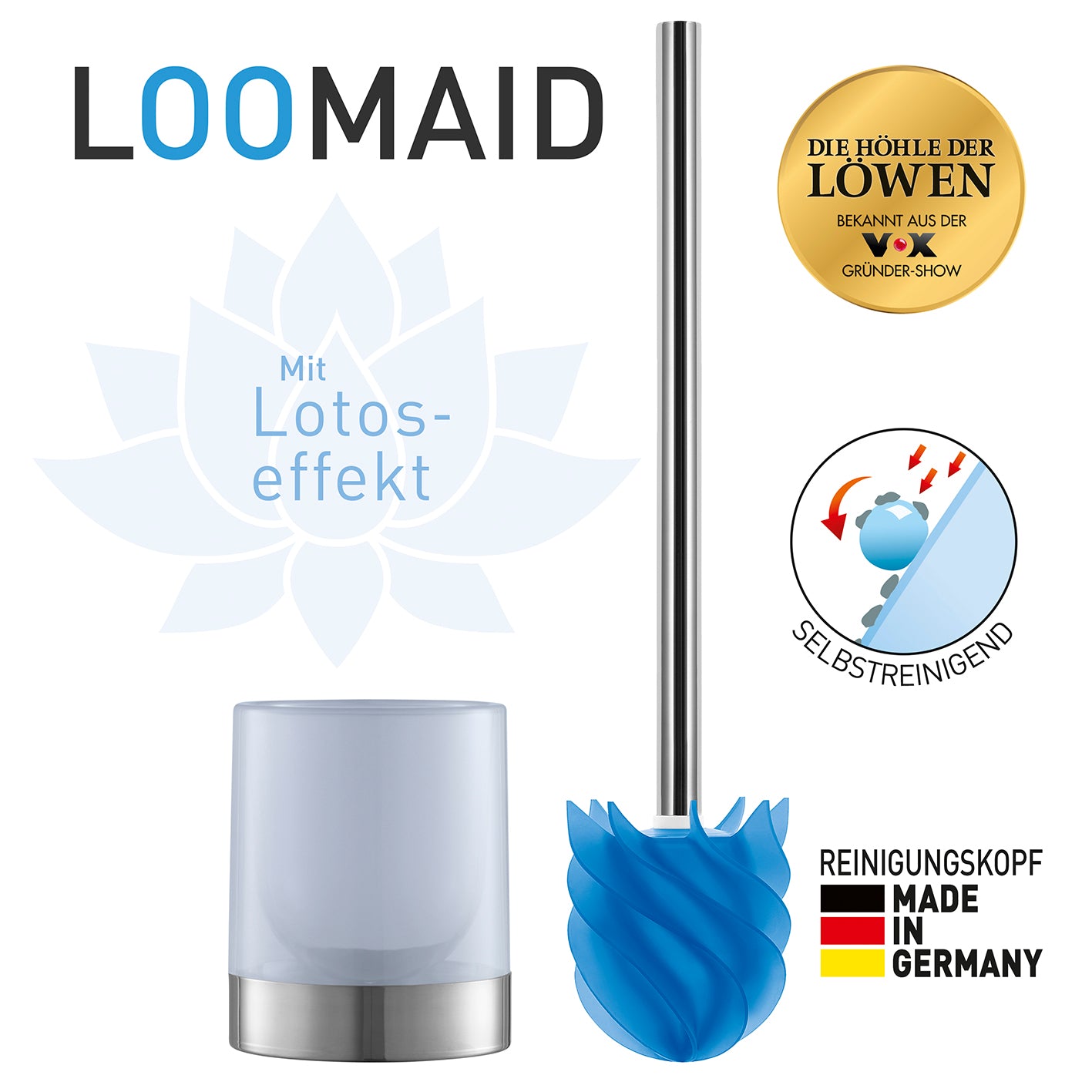WC-Bürste Silikonkopf Edelstahl/blau mit Bürstenhalter, selbstreinigender Lotos-Effekt, langlebig und hygienisch mit Bürstenhalter.