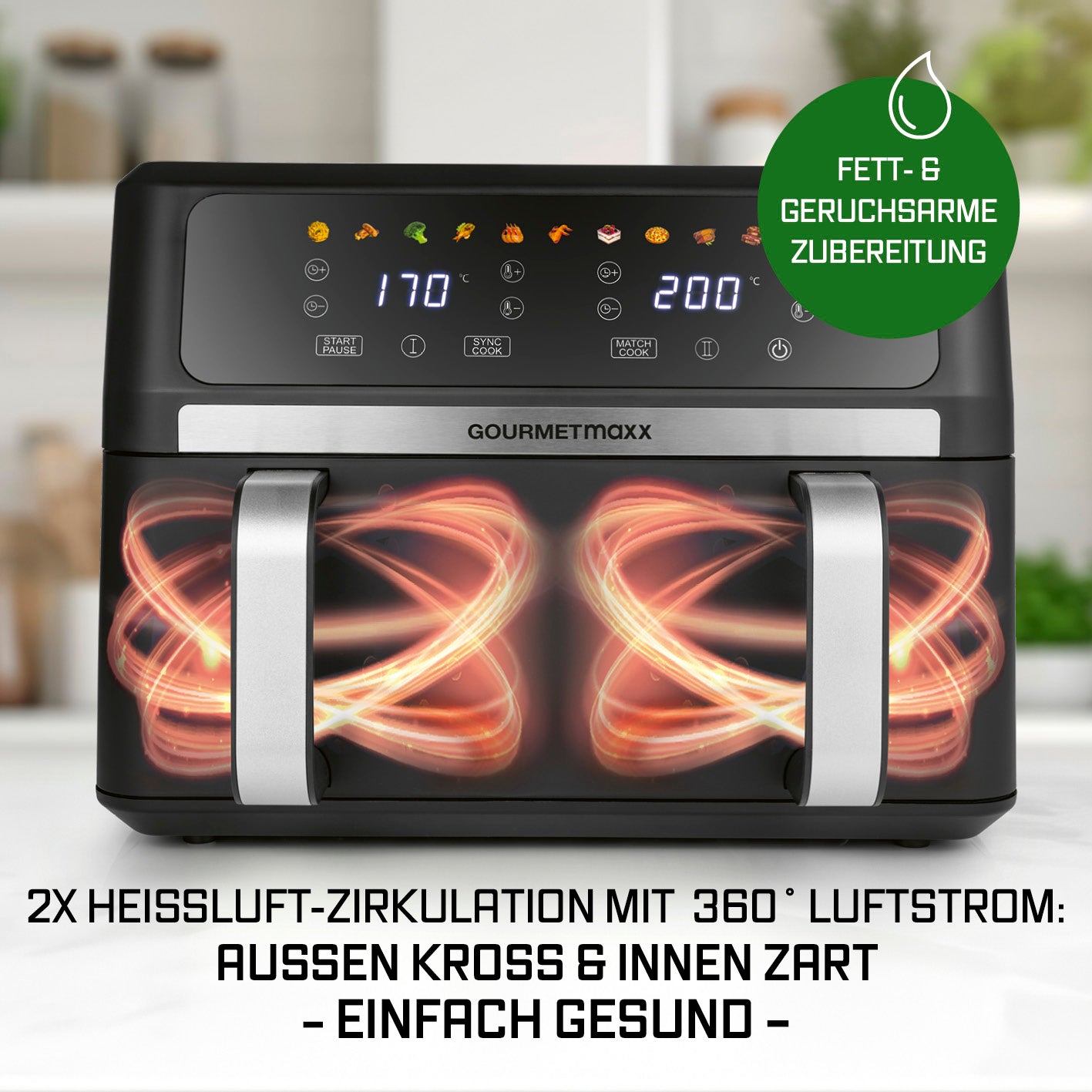 Vario-Kammer-Heißluftfritteuse - 10 Liter mit 2x Heißluftzirkulation, Touchscreen und Trennwand für gesunde fettarme Zubereitung.