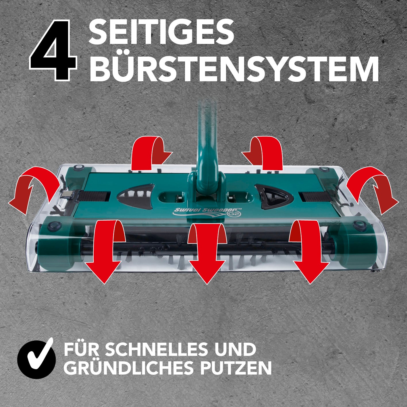 Akku-Besen Swivel Sweeper G2 + Ersatz-Akku mit 4 seitigem Bürstensystem für schnelles und gründliches kabelloses Reinigen.