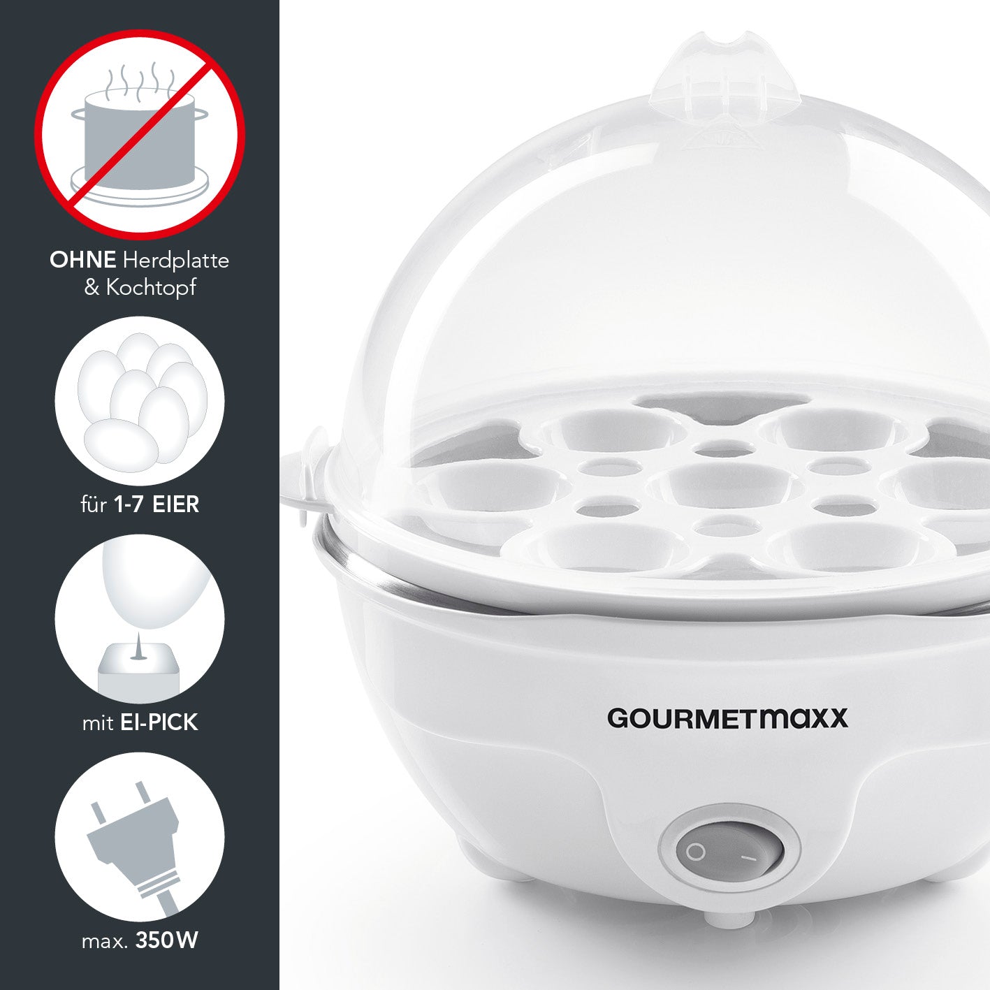 Eierkocher für 7 Eier mit transparenter Haube, Ei-Pick, beleuchtetem Schalter und herausnehmbarem Eierhalter von GOURMETmaxx.