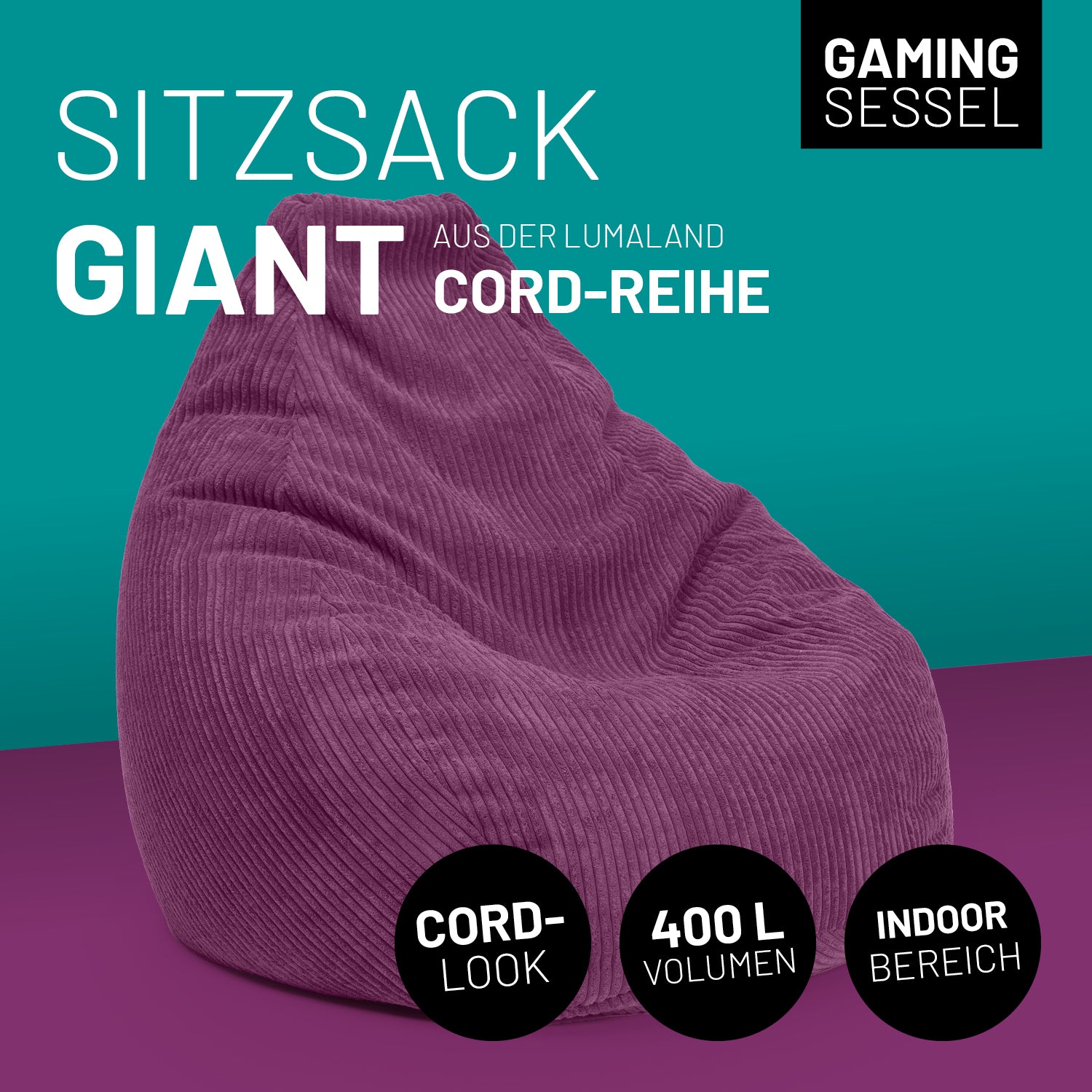 Sitzsack GIANT aus der Cord-Reihe - Weinrot mit 400 L Volumen, robustem Bezug und modernem Cord-Look für den Innenbereich.