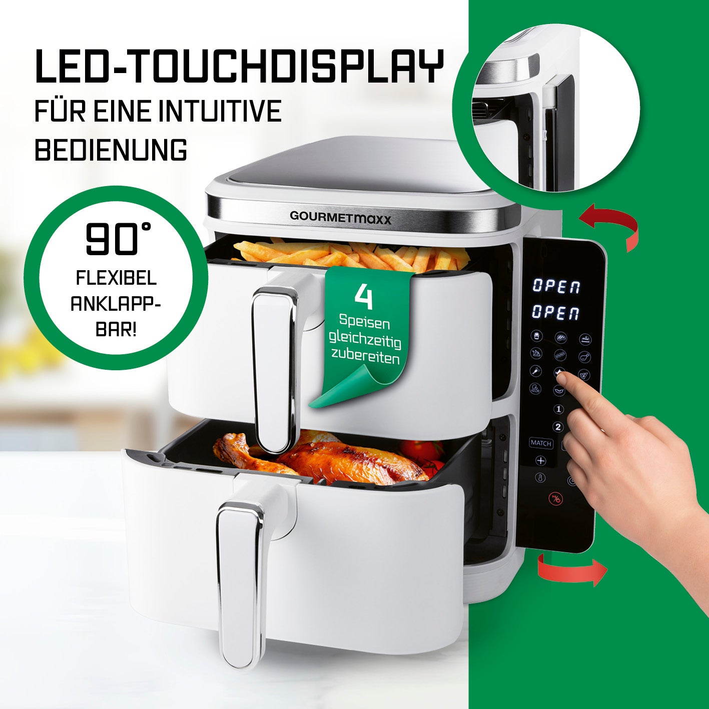 FryUp Vertikale Doppelkammer-Heißluftfritteuse - Weiß mit LED-Touchdisplay und 2 flexiblen garzonen für 4 Speisen gleichzeitig.