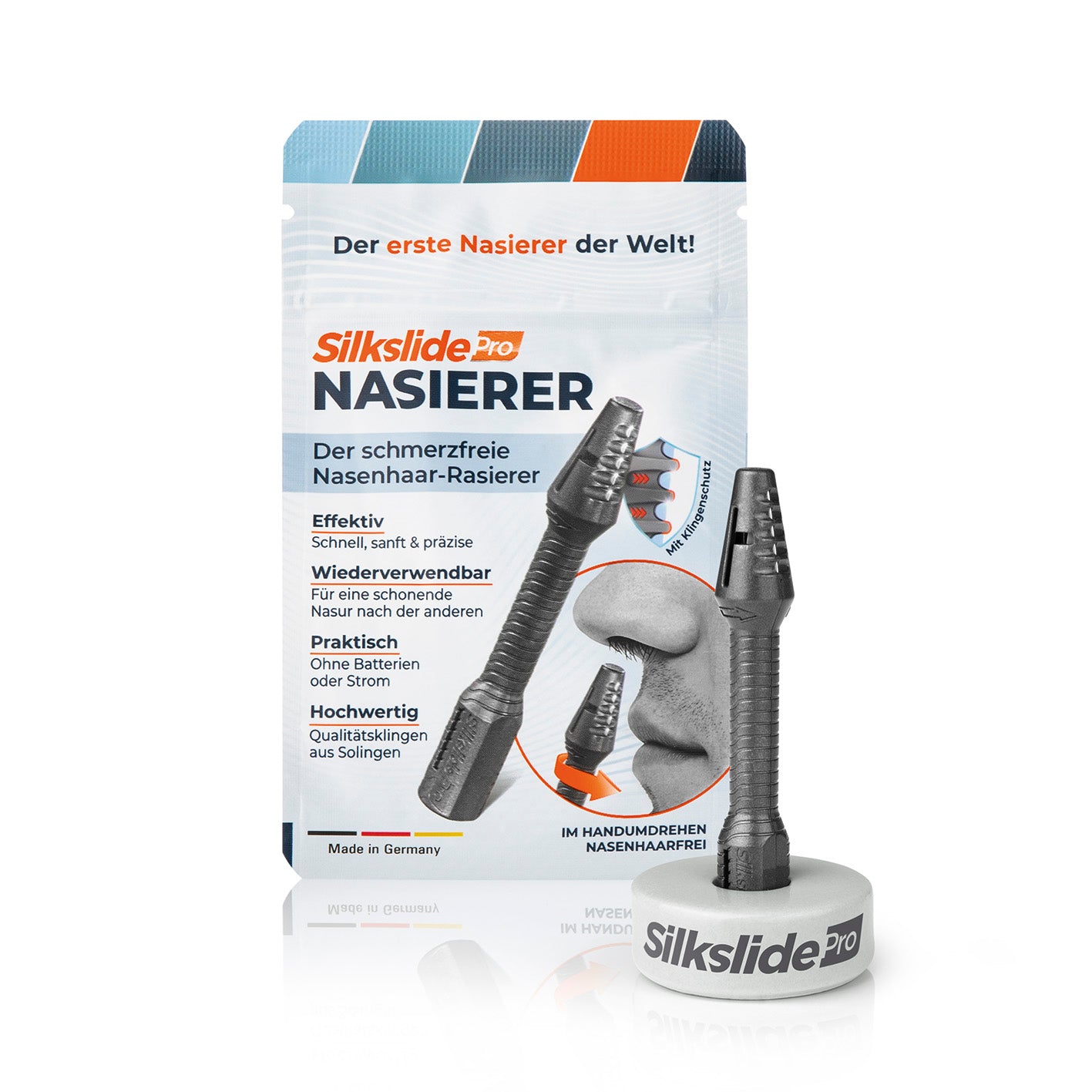 Nasenhaartrimmer - Nasierer inkl. Keramikständer, effizient, wiederverwendbar, ohne Batterien, mit hochwertigen Solingen-Klingen.