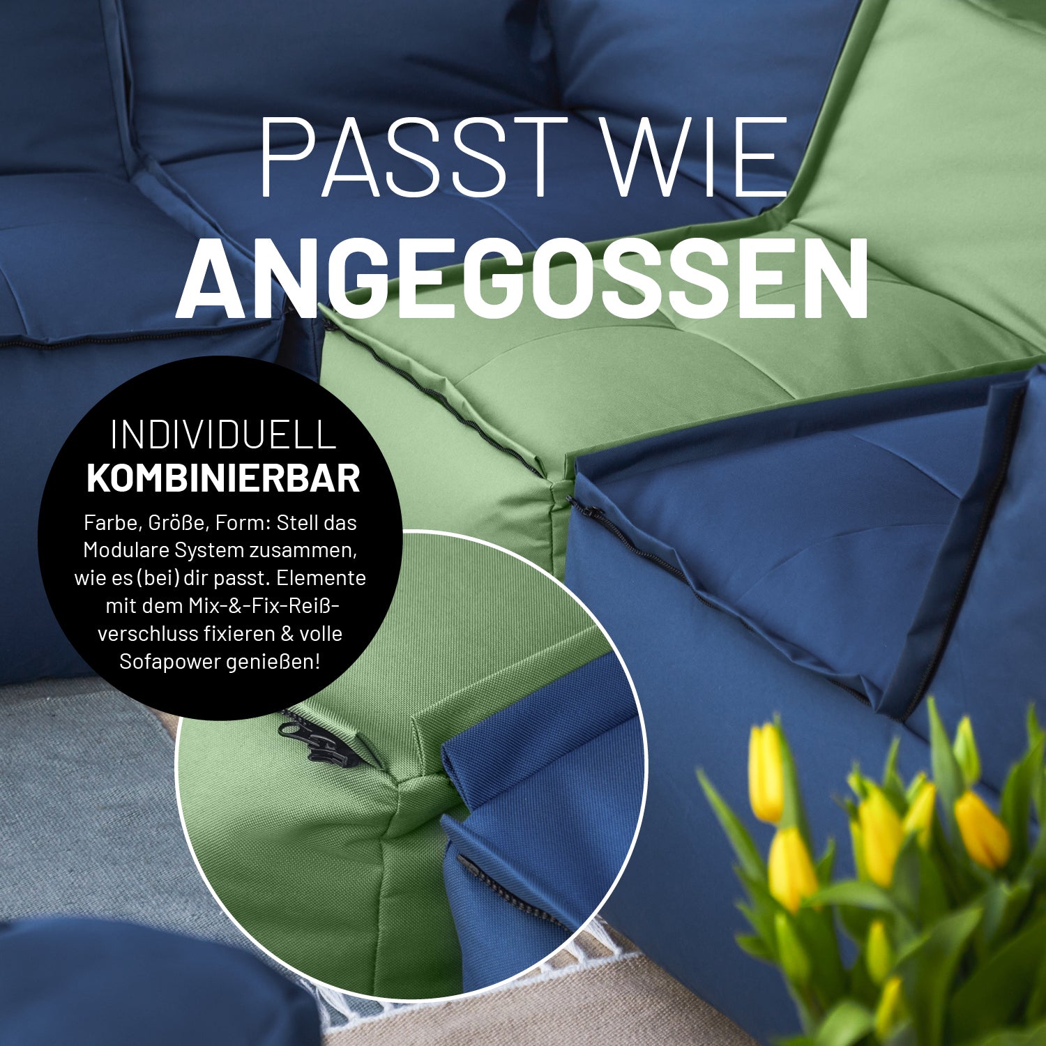 Basic Set (5-tlg.) - Modulares System - In- & outdoor - Pastell Grün mit Mix-&-Fix-Reißverschluss für individuelle Kombination.