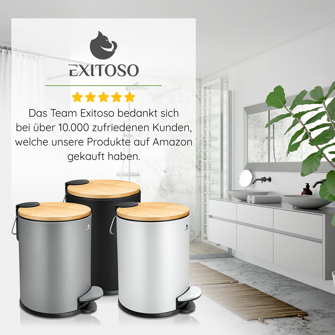 Tretmülleimer mit Softclose-Deckel - 3 l - Schwarz mit Bambusdeckel, Softclose und rutschfestem Stand im modernen Badambiente.