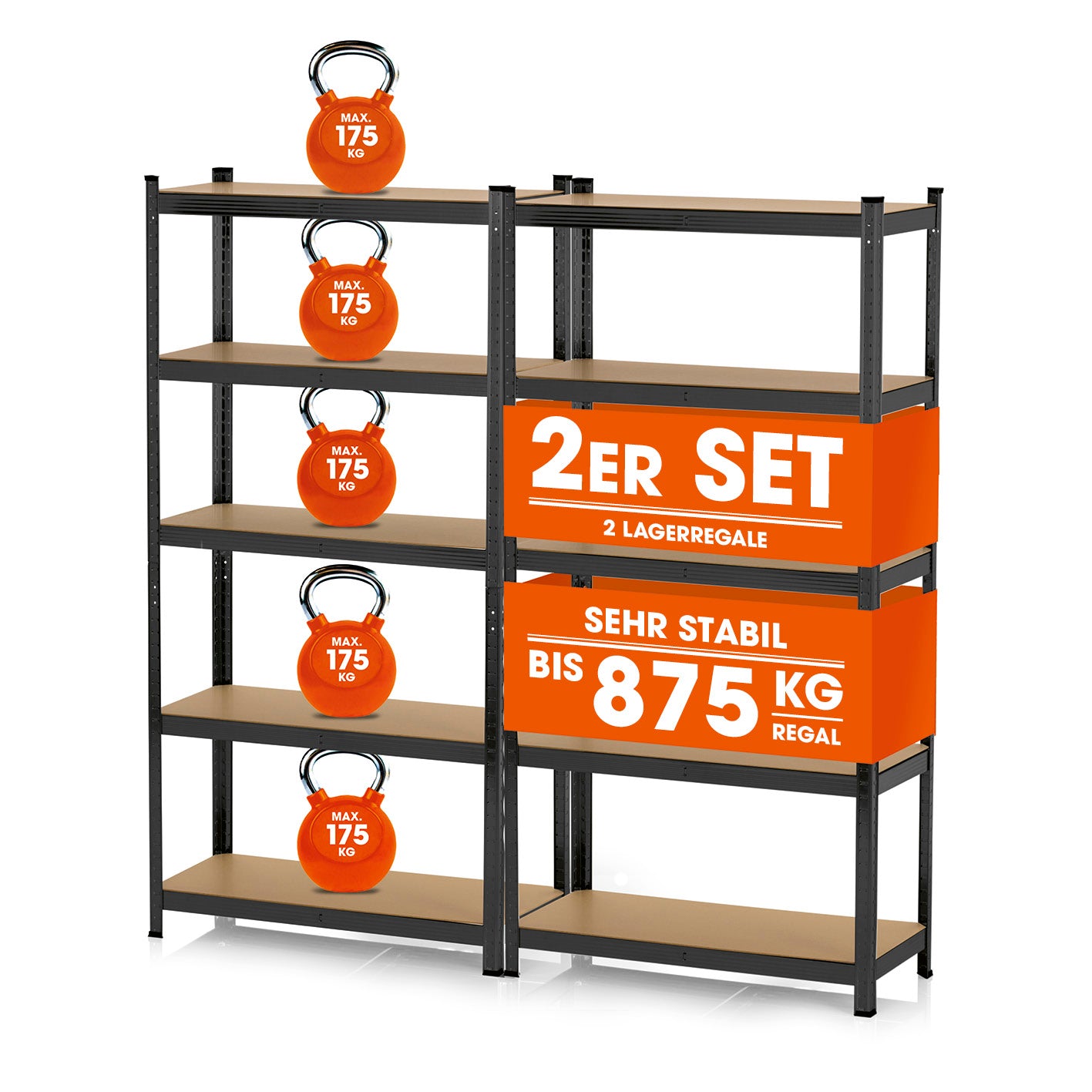 Schwerlastregal mit 5 belastbaren Holzböden - 180 x90 x 40 cm - schwarz - 2er-Set, bis 875 kg Traglast gesamt, robust und vielseitig.