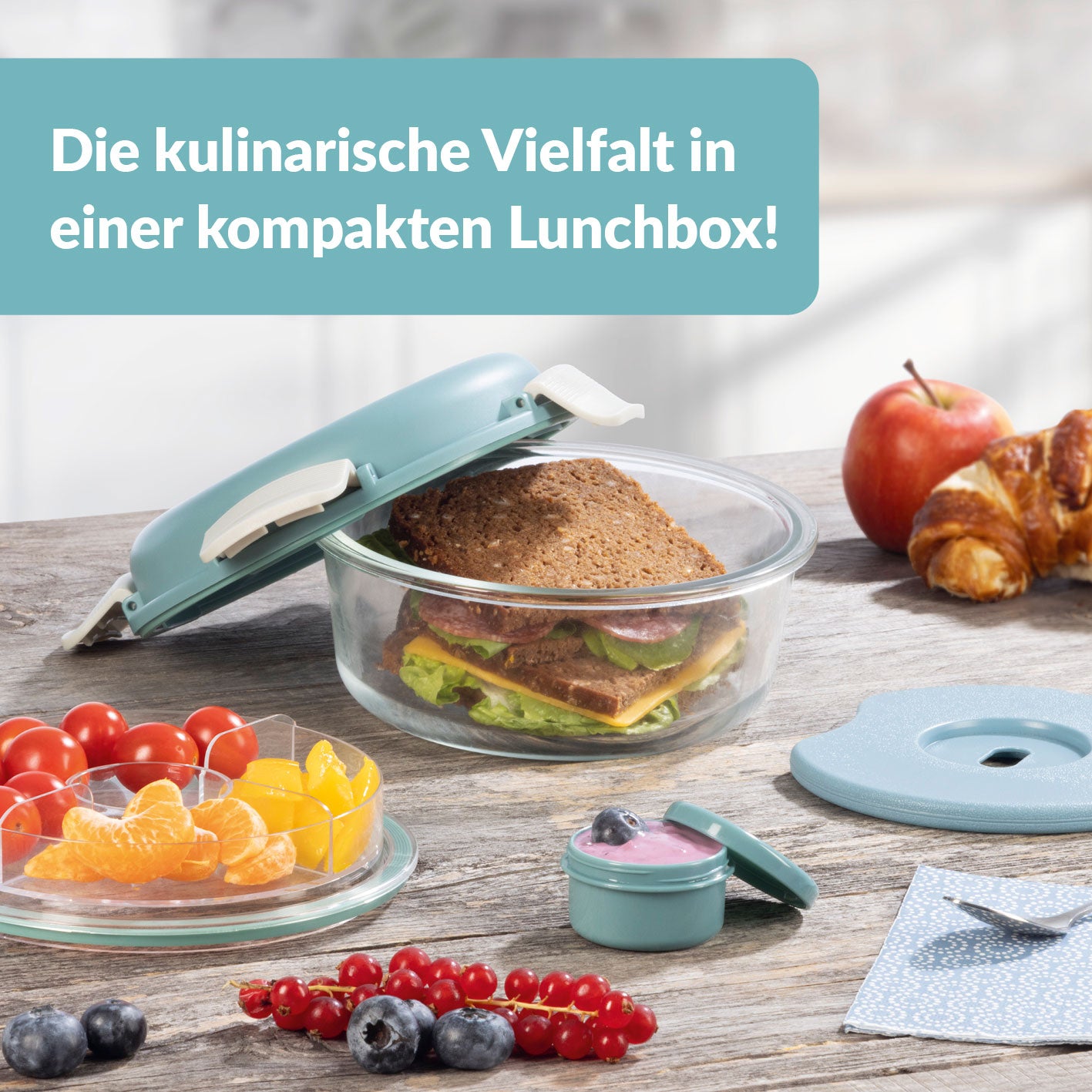 Glas-Lunchbox Klick-it mit integriertem Kühlakku, 950 ml, grau/grün, mit 4-fach-Klickverschluss und auslaufsicherem Deckel.