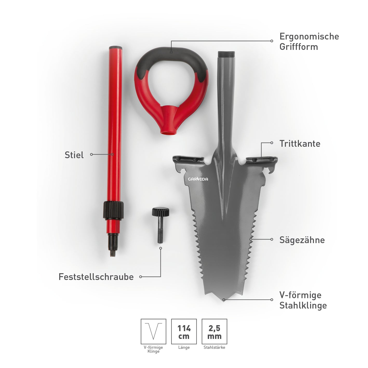 Spaten- & Wurzelsäge - 114 cm - grau/rot mit ergonomischem Griff, Trittkante, Sägezähnen und V-förmiger Stahlklinge für effizientes Graben.