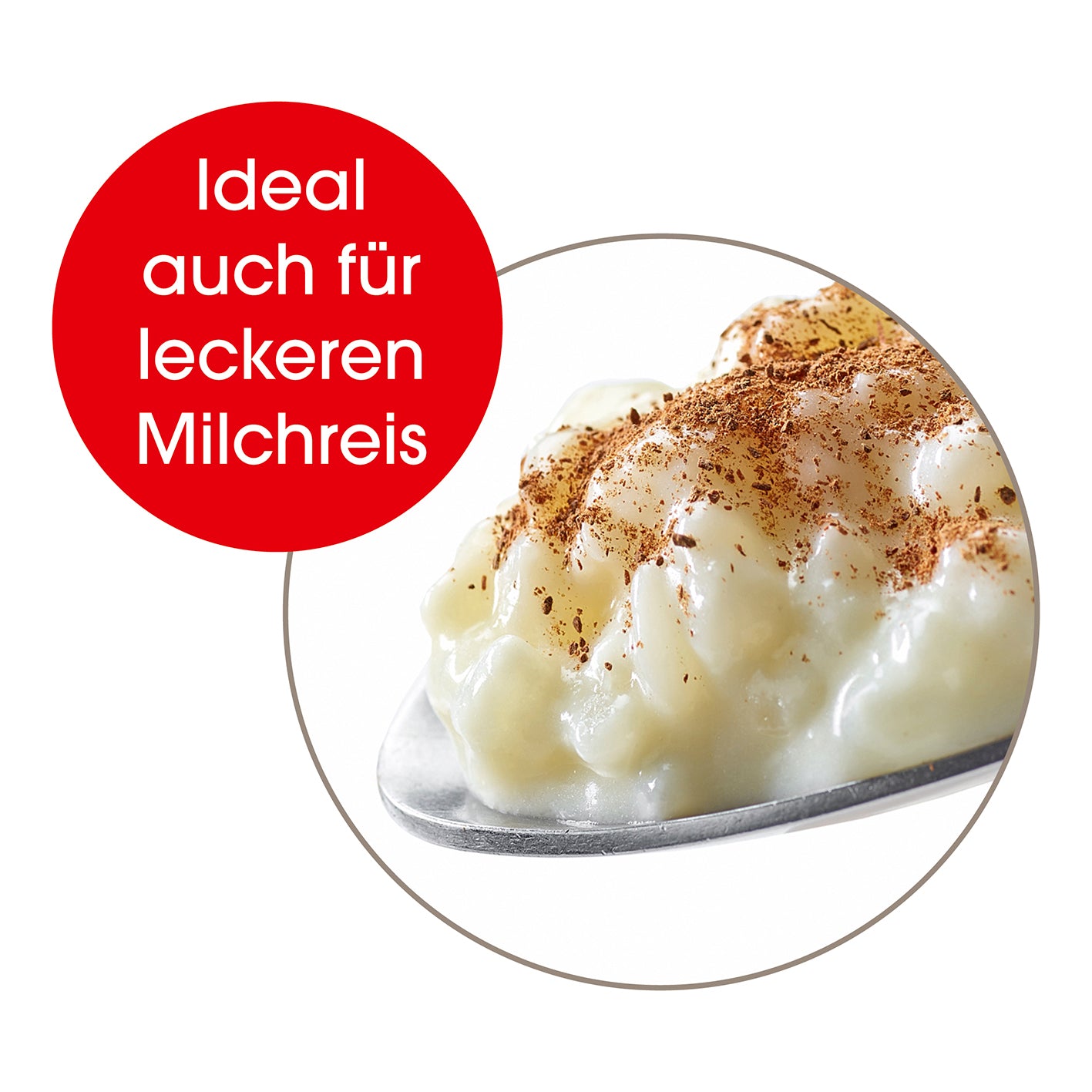 Reiskocher mit Gartopf inkl. Dampfkorb/Reislöffel/Messbecher zeigt cremigen Milchreis auf einem Löffel mit Zimt bestreut.