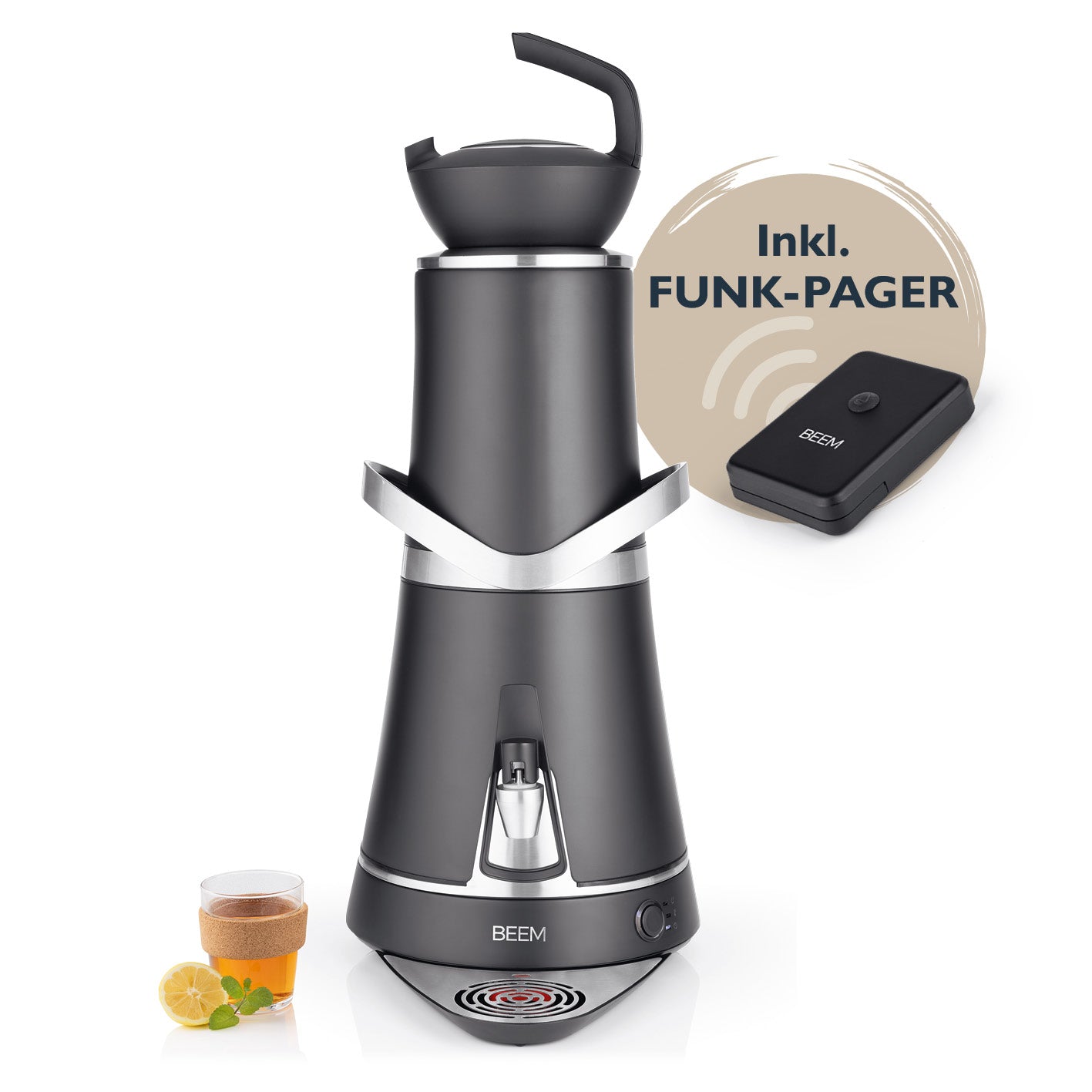 Samowar Amira mit Dispenser 10l - 2000W - schwarz matt mit Funk-Pager für effiziente Teezubereitung und komfortables Wasserspender-System.