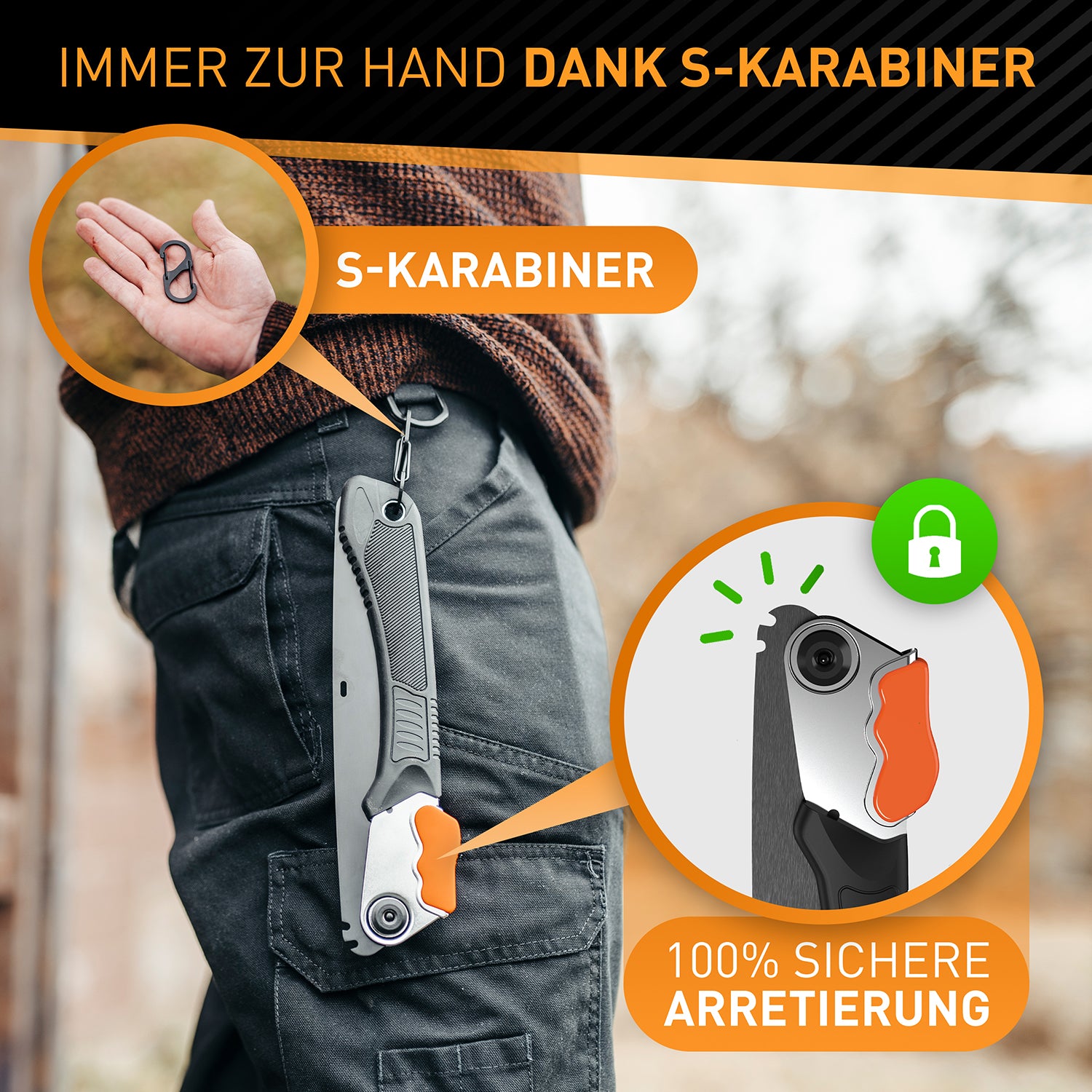 Klappbare Handsäge aus Karbonstahl - 21 cm mit sicherer Arretierung und praktischem S-Karabiner zum Befestigen an der Hose.