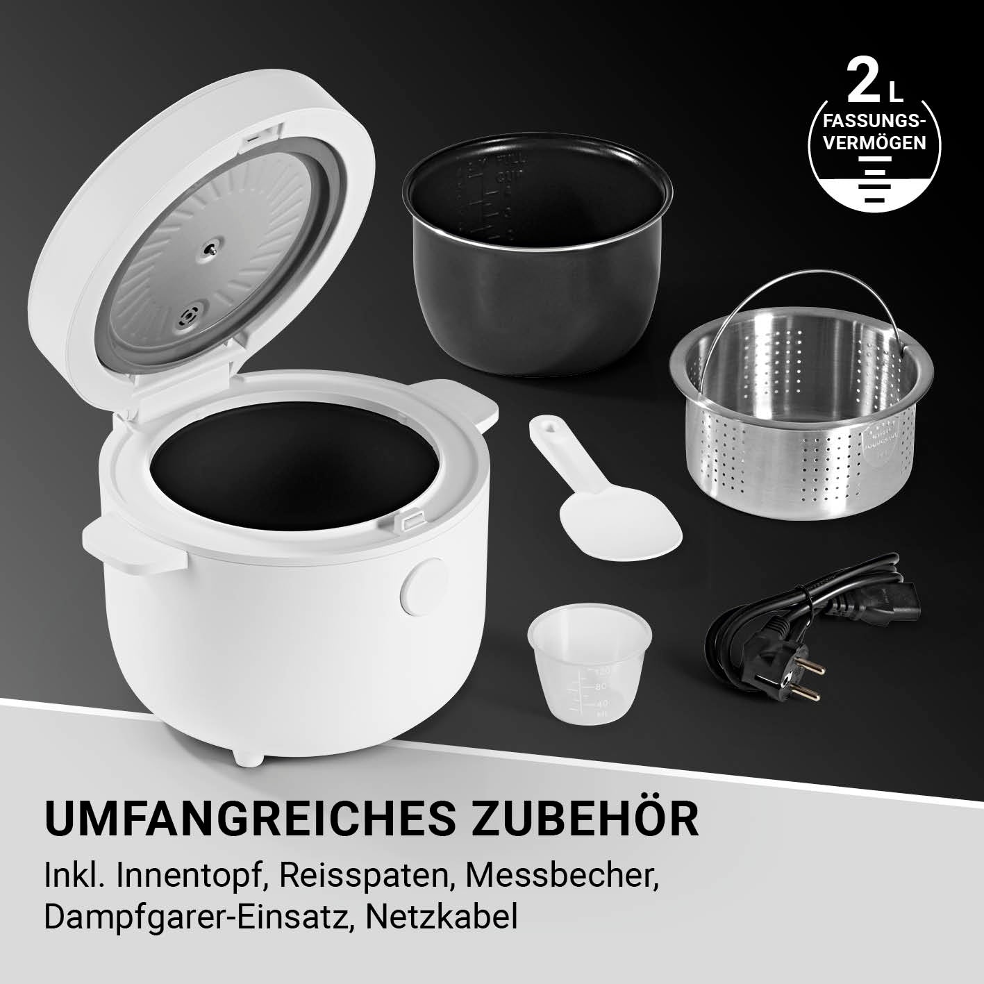 Digitaler Reiskocher mit 2L Fassungsvermögen, Antihaft-Innentopf, Dampfgareinsatz, Messbecher, Reisspaten und Netzkabel.