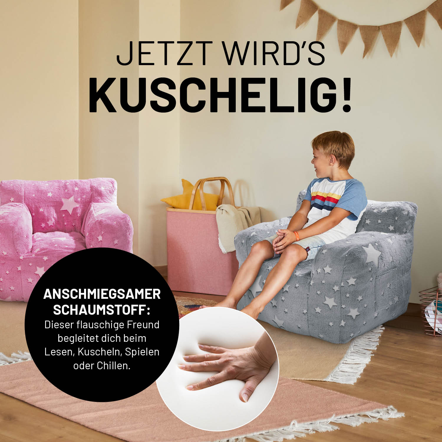 Kinderzimmer mit pinkem Sessel „Glow in the Dark“ - Pink mit leuchtendem Sternen-Design und kuscheligem Material für Komfort und Spielen
