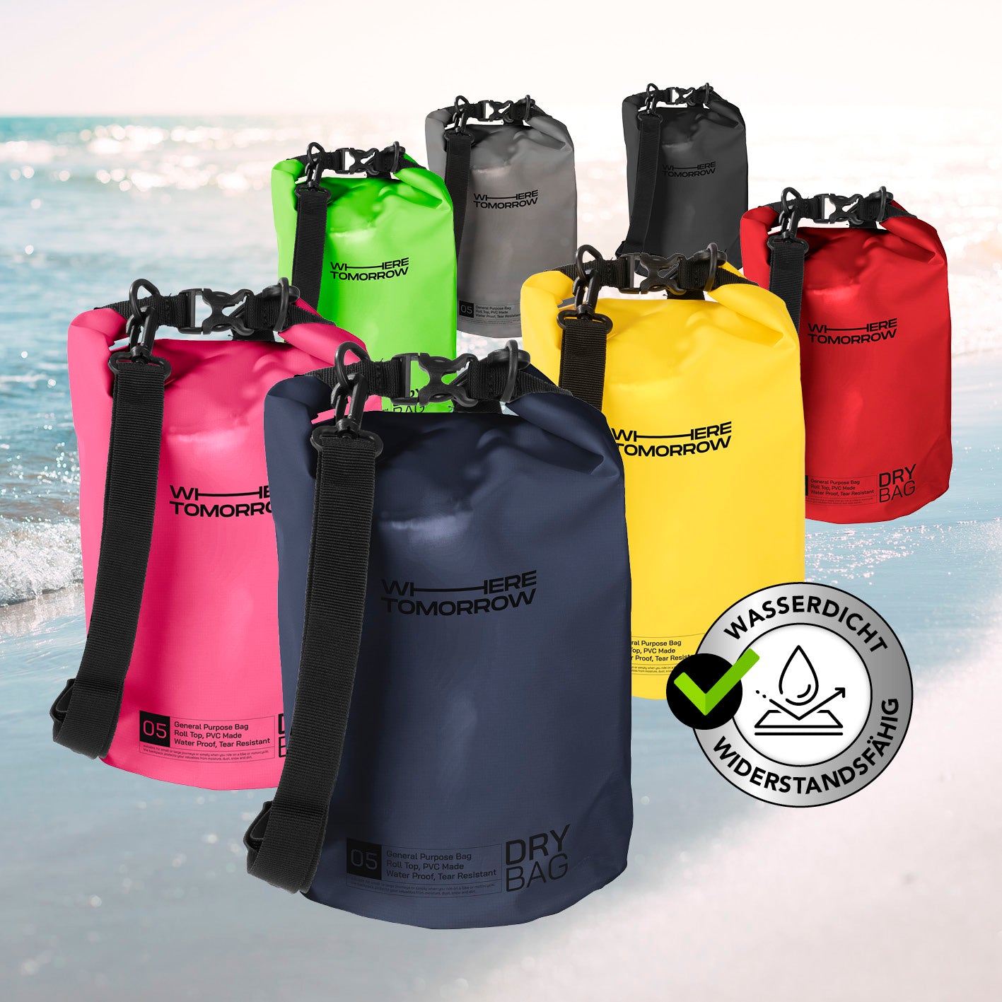 Dry Bag 5L - Style 01 - Dunkelblau, wasserdichter und robuster Outdoor-Rucksack mit verstellbarem Schultergurt und Rolltop-Verschluss.