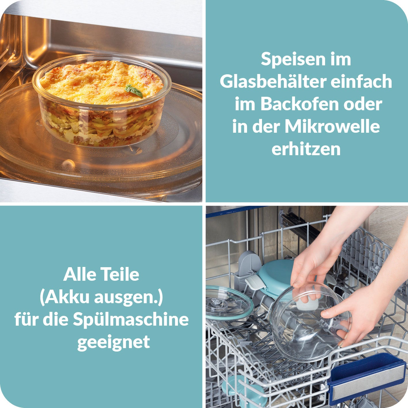 Glas-Lunchbox Klick-it mit integriertem Kühlakku – 950 ml, hitzebeständig, spülmaschinenfest, grau/grün, mit auslaufsicherem Deckel.