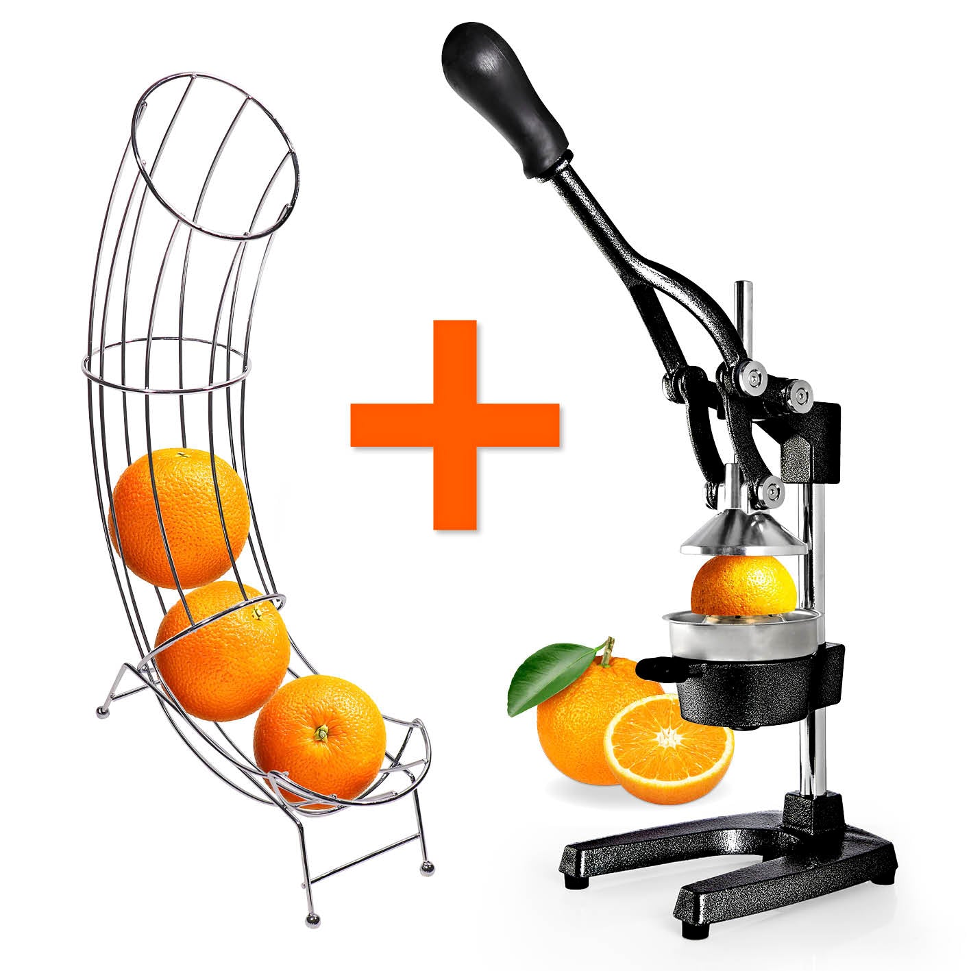 Set Saftpresse & Orangenspender - Schwarz/Silber mit Orangenhalter und manueller Presse für frischen Saft zuhause.