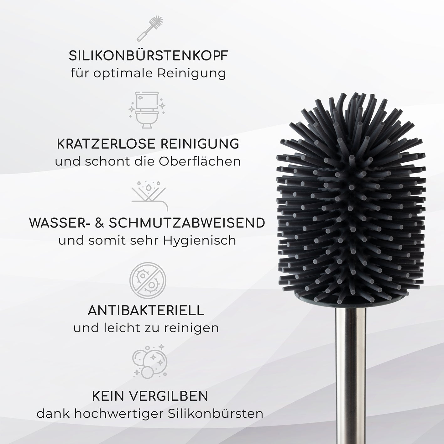 WC Bürste aus Silikon mit Edelstahl Halter - schwarz mit antibakteriellem, kratzlosem Silikonbürstenkopf für hygienische Reinigung.