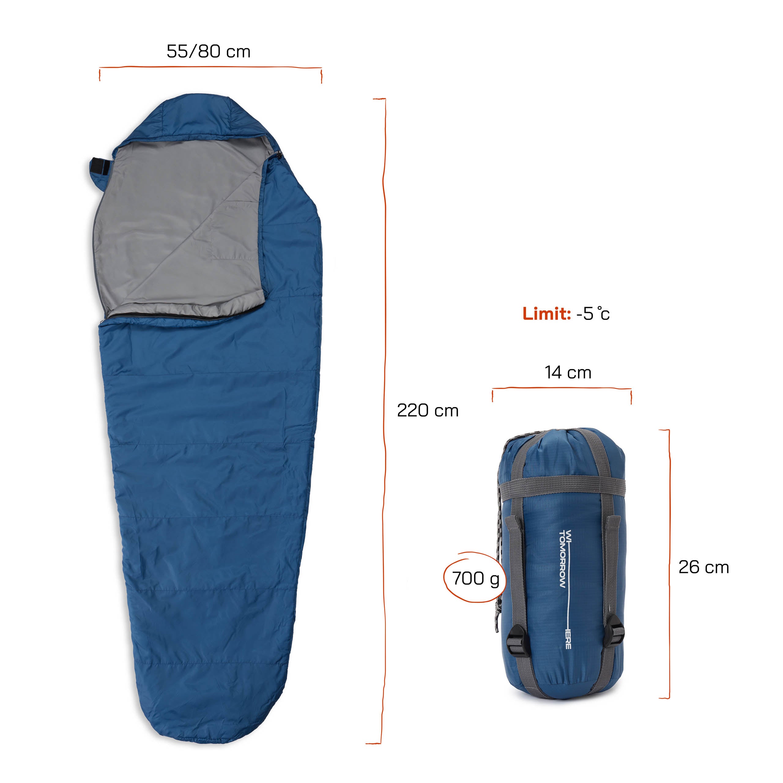 Camping Schlafsack Small & Light Royalblau – Mumienschlafsack 220x80x50 cm, wasserabweisend, leicht, mit Packsack, bis -5 °C geeignet.