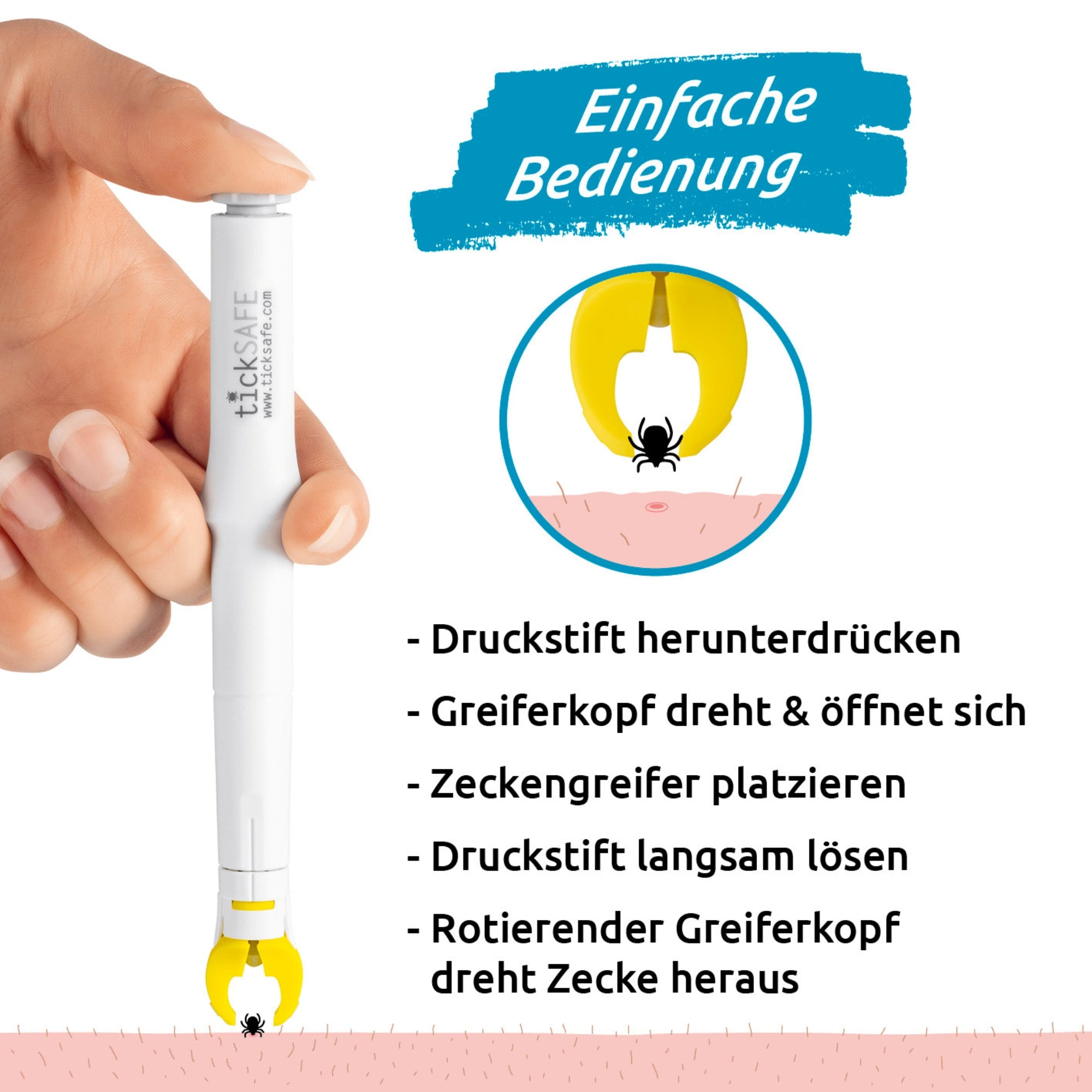Zeckengreifer für Menschen mit rotierendem Greiferkopf - 2er-Set mit weichem Kopf und einfacher Bedienung zum schonenden Entfernen von Zecken.