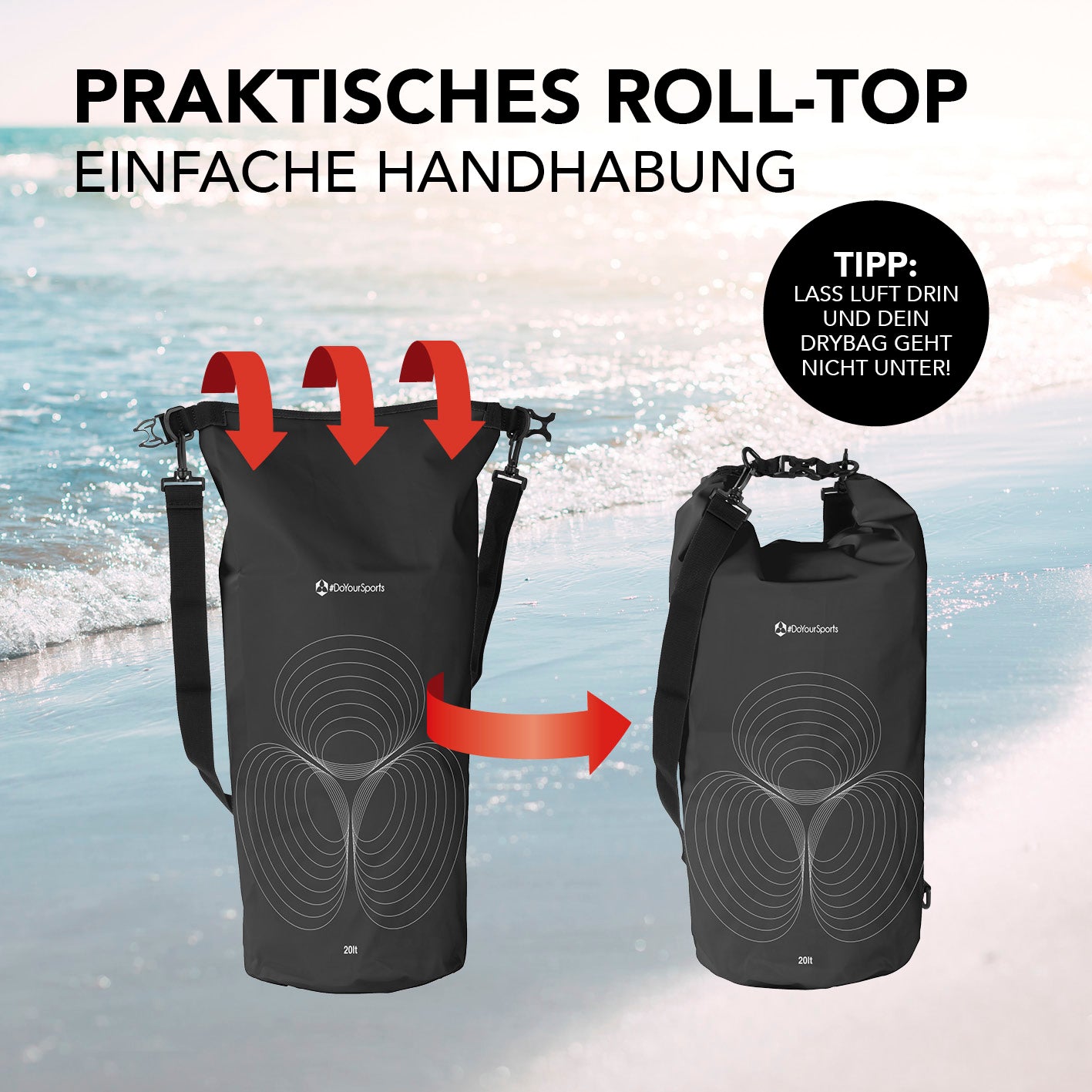 Dry Bag 20L - Schwarz mit praktischem Rolltop-Verschluss für einfache, wasserdichte Handhabung bei Outdoor-Abenteuern.