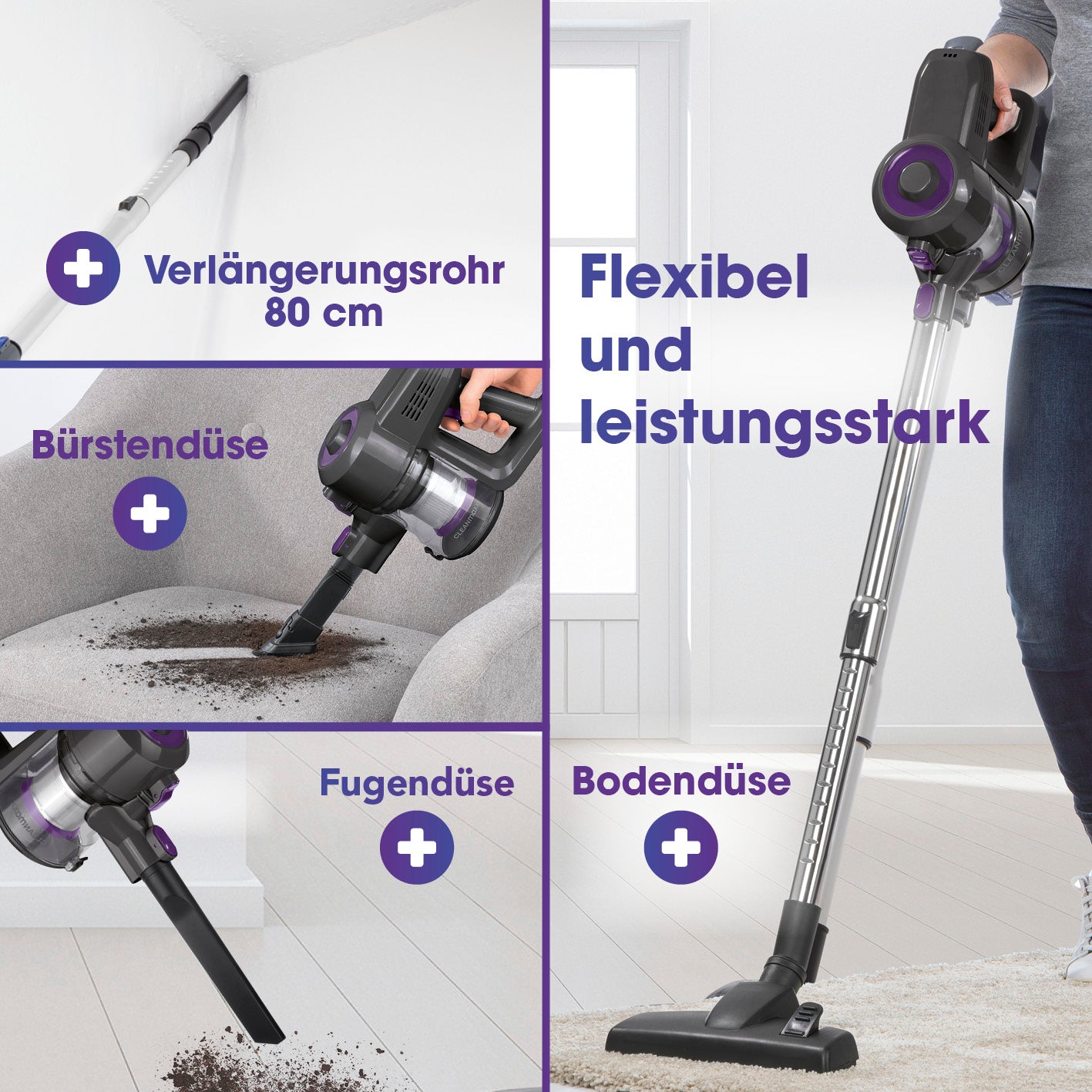 Akku-Zyklonstaubsauger mit Verlängerungsrohr, Bürsten-, Fugen- und Bodendüse für flexible und leistungsstarke Reinigung.