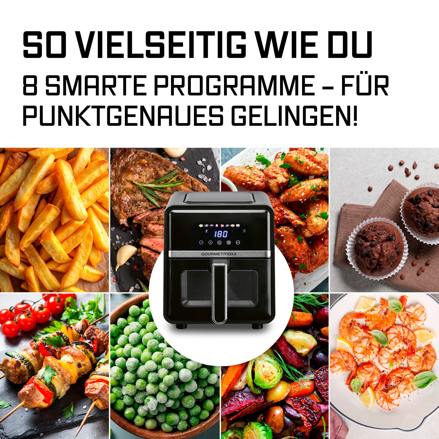 Heißluftfritteuse - 5 Liter mit 8 Programmen und LED-Display, zeigt vielseitige Anwendung für gesunde, fettarme Zubereitung.