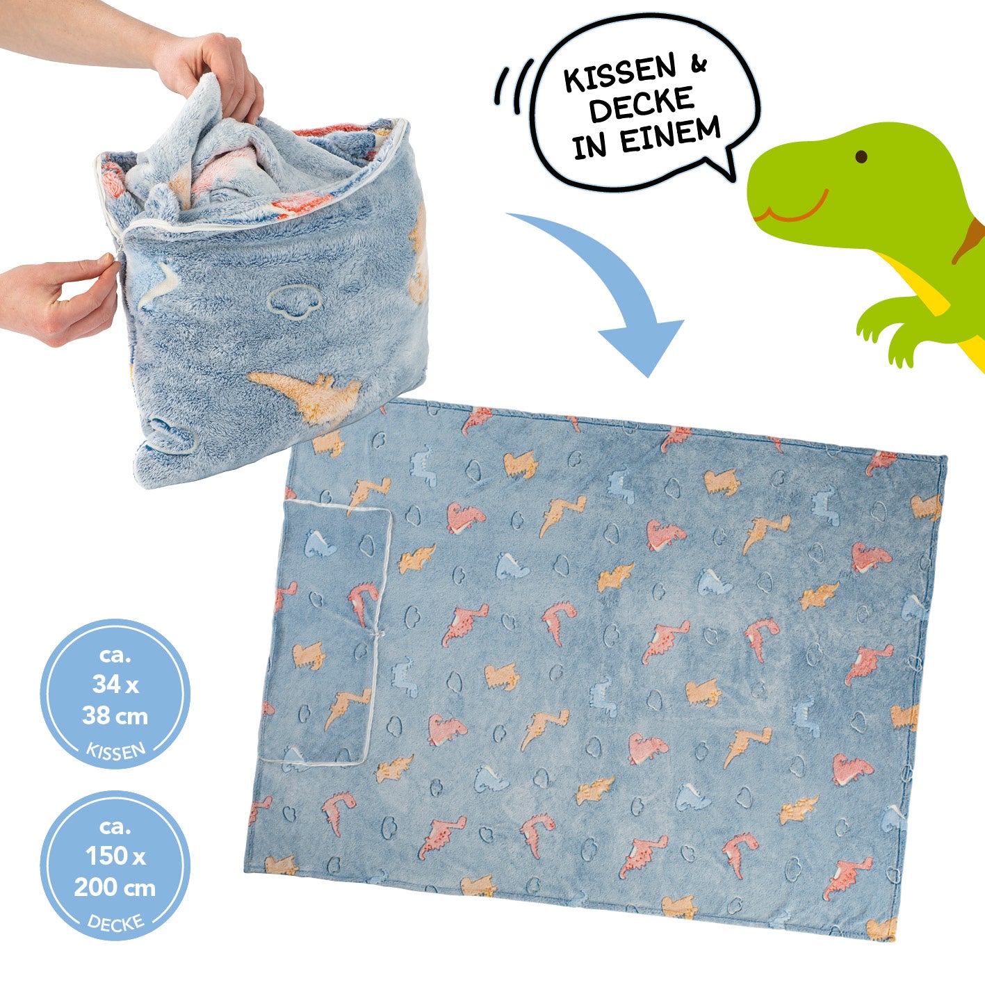 Verwandlungskissen Glow in the dark - Kuschelkissen & Kuscheldecke - Dino als Kissen und Decke aus weichem Flanell-Fleece.