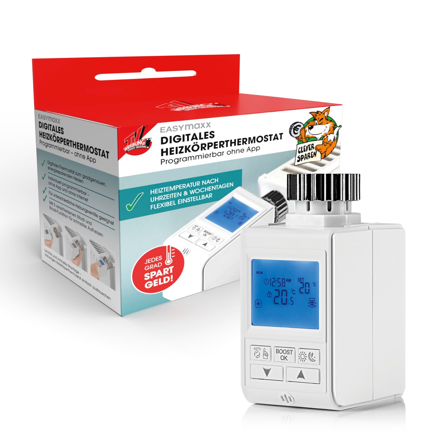 Heizkörperthermostat Digital mit programmierbarer Heiztemperatur, blau beleuchtetes Display und Boost-Funktion für effizientes Heizen.