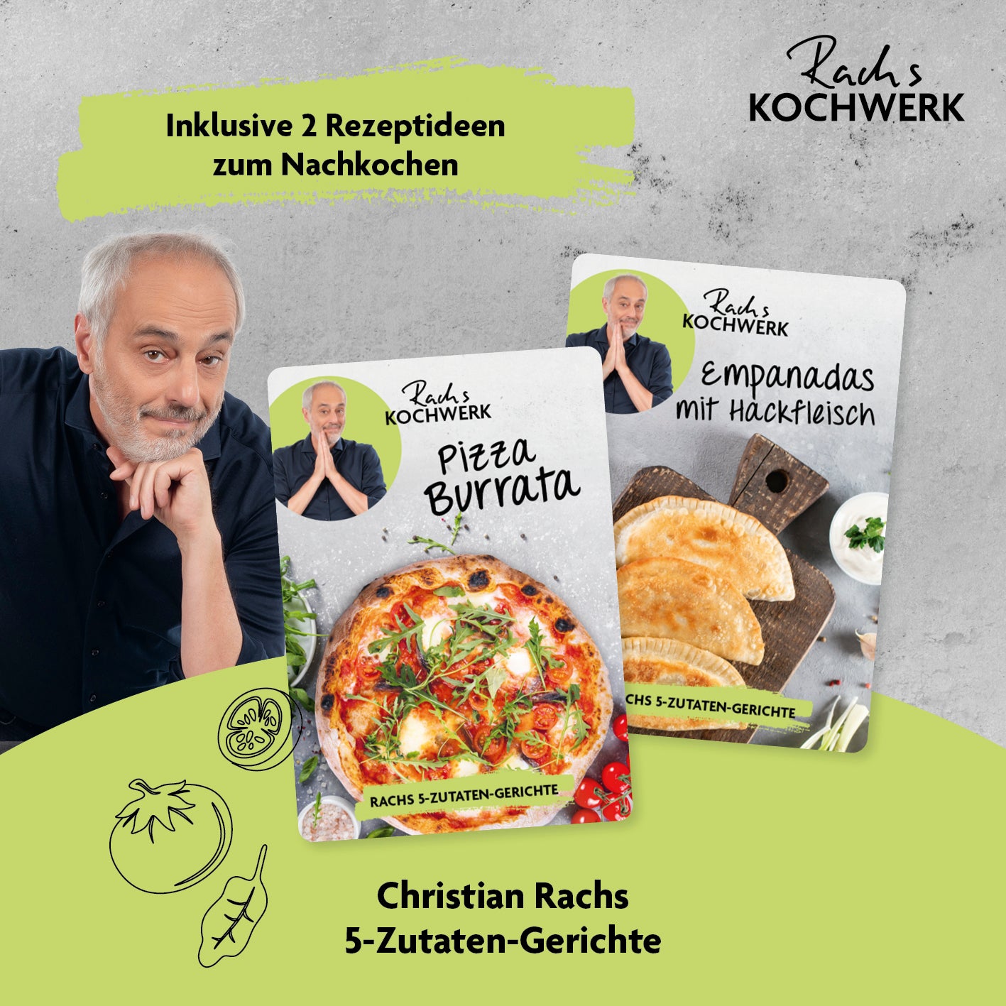 Pizza Maker inkl. herausnehmbarem Pizzastein & Pizza-Heber mit Rezeptideen für Pizza Burrata und Empanadas von Rachs Kochwerk.