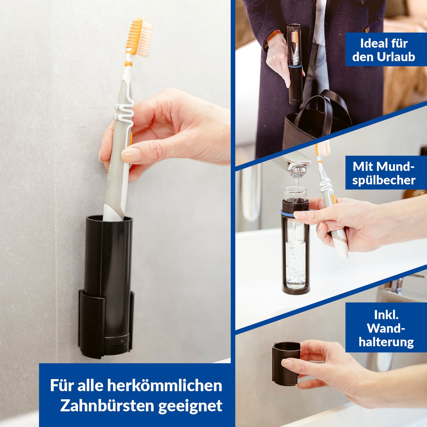 Zahnbürstenbox - schwarz - 2er-Set mit Wandhalterung, Mundspülbecher und Schutz für alle herkömmlichen Zahnbürsten, ideal für Reisen.
