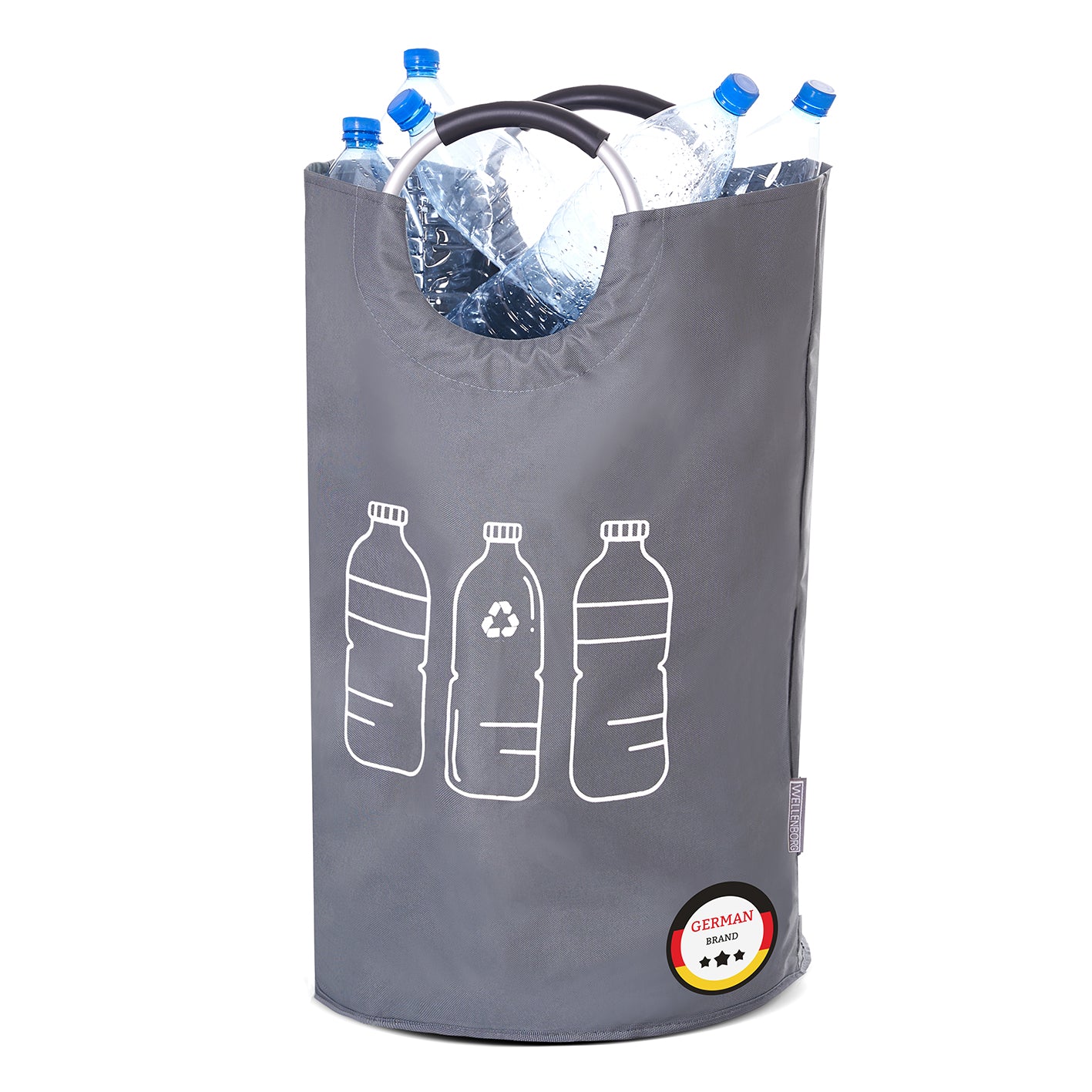 Faltbarer Pfandflaschen Sammelbehälter - Grau mit 82 Litern Volumen, wasserabweisend und mit zwei robusten Henkeln für einfachen Transport.
