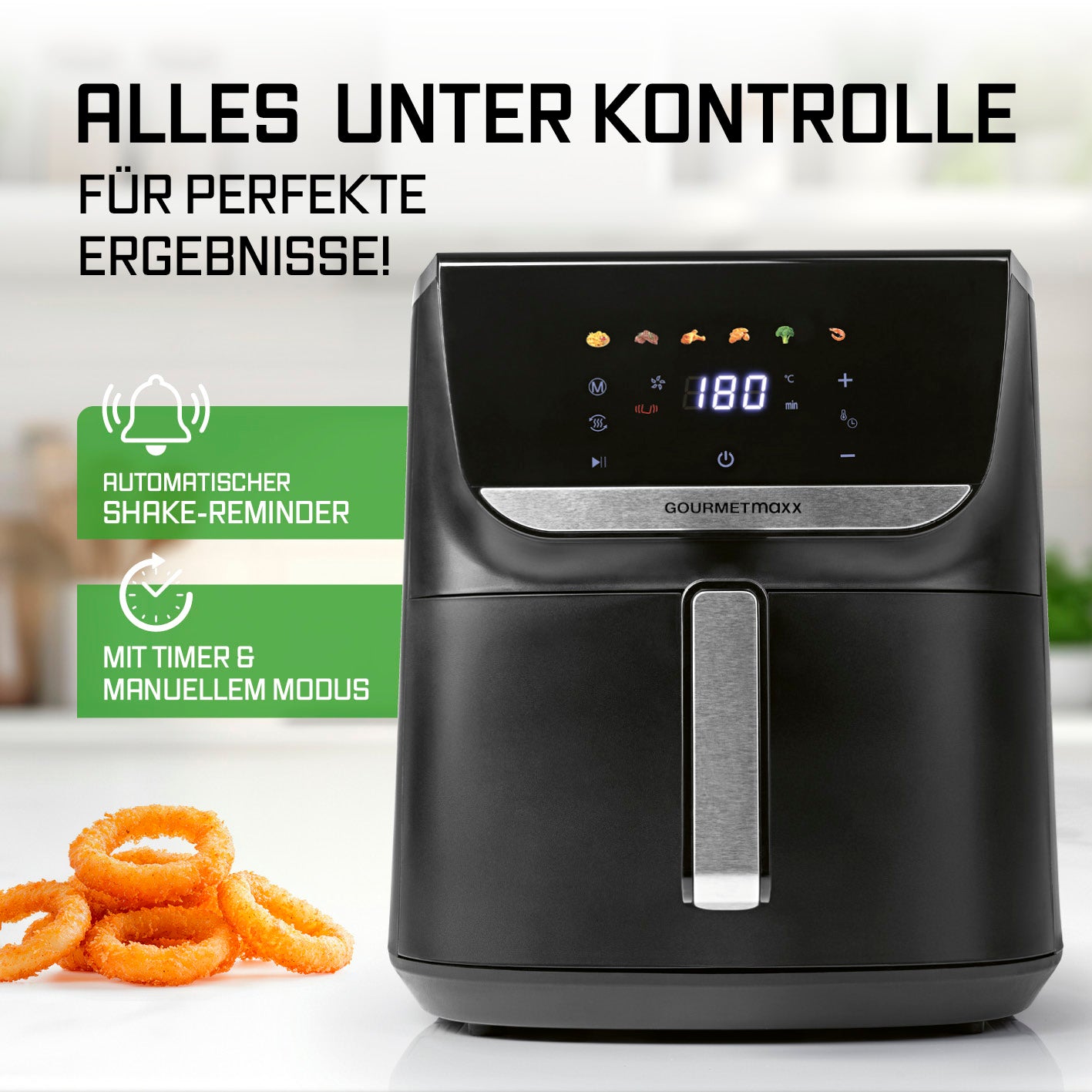 Heißluftfritteuse - 7,5 Liter mit LED-Touchdisplay, 7 Funktionen und Shake-Reminder für fettarmes Frittieren.