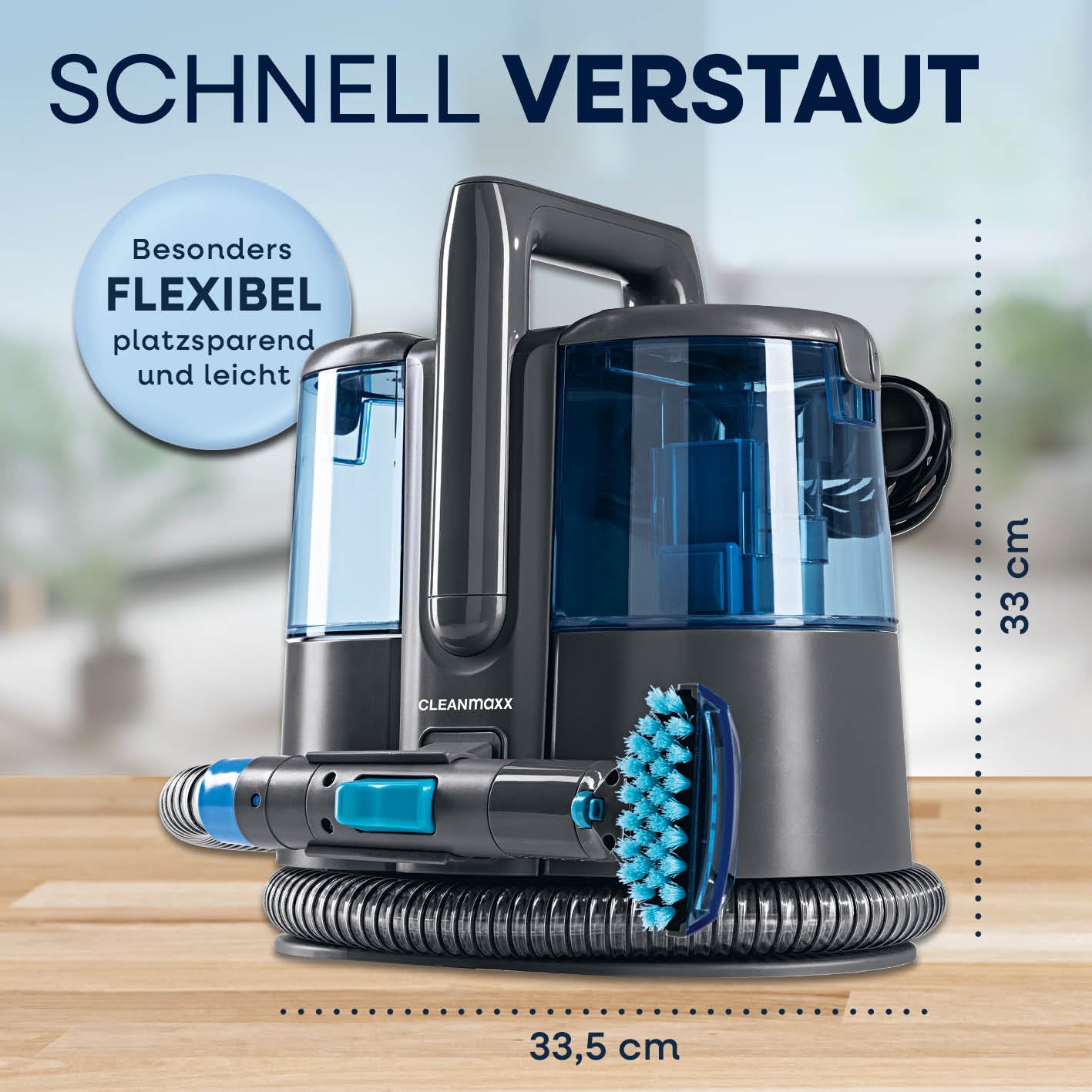 Polster- & Teppichreiniger Pro Power - Grau/Blau, kompakt, flexibel, mit Bürste und Schlauch für effiziente Reinigung im Haushalt.