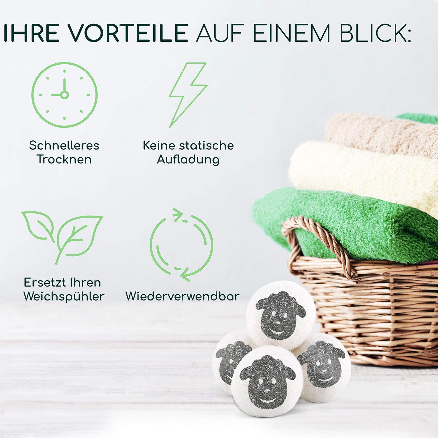 Trocknerbälle für Wäschetrockner - 6er-Set - Schafwolle für schnelles Trocknen, keine statische Aufladung, Weichspülerersatz, wiederverwendbar.
