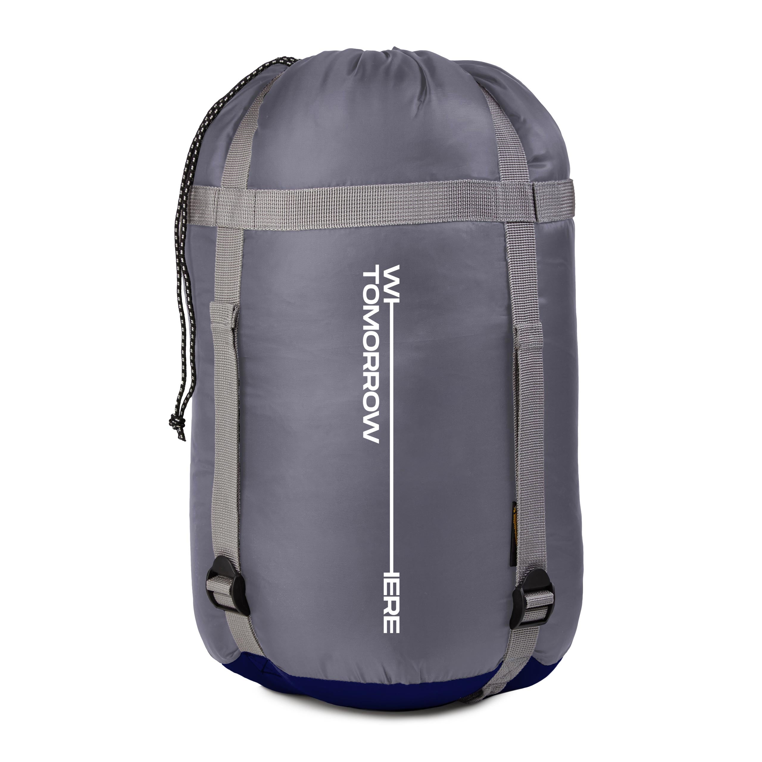 Camping Schlafsack Classic - Mumienschlafsack mit Tasche in Dunkelblau, kompakt verpackt, ideal für Outdoor und Reisen.