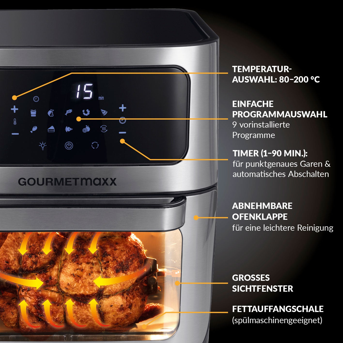 Heißluft-Ofen Digital mit Sichtfenster - 12l mit Touchdisplay, 9 Programmen, Temperaturregelung 80-200 °C, Timer und abnehmbarer Ofenklappe.