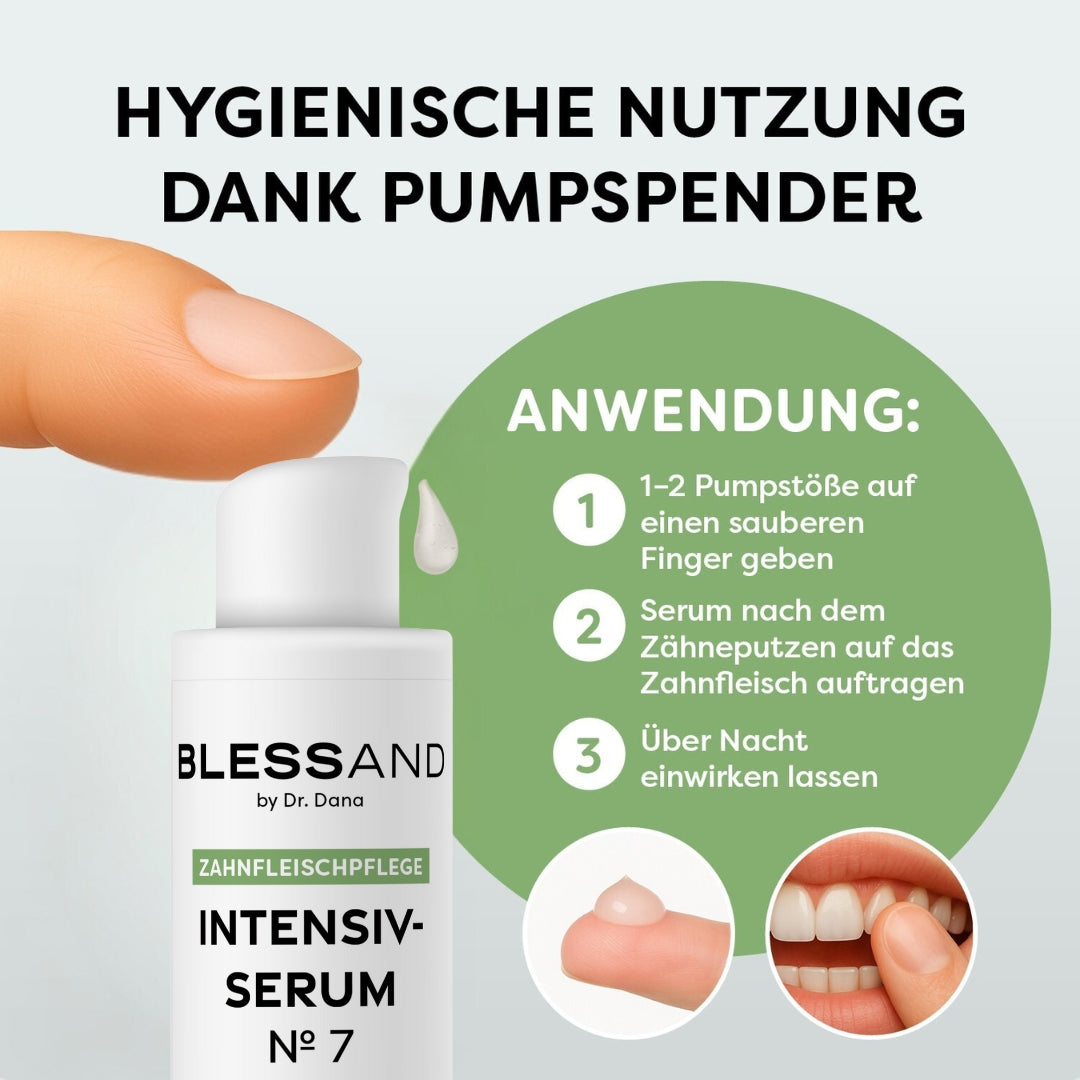 Mundpflege Nr. 7 - 2er-Set mit Pumpspender für hygienische Anwendung und pflegendes Intensiv-Serum bei Zahnfleischproblemen.