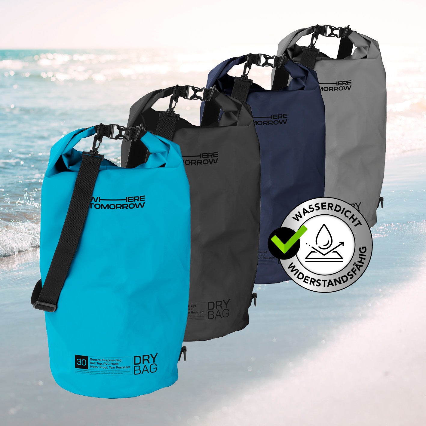 Dry Bag 30L - Style 01 - Himmelblau, wasserdichter Outdoor-Rucksack mit Rolltop-Verschluss und verstellbarem Schultergurt, robust und langlebig.