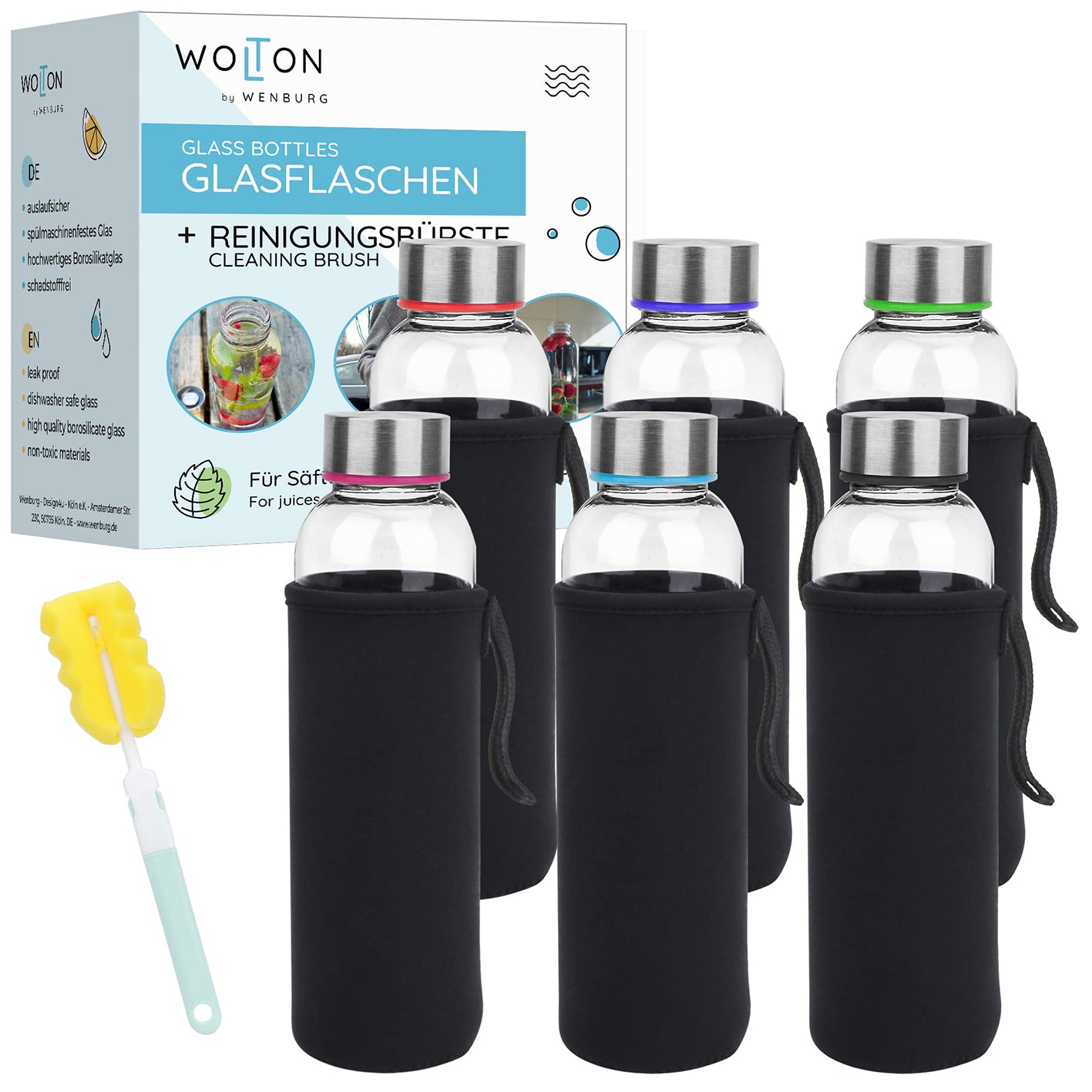 Glasflaschen 500 ml, 6er-Set mit Reinigungsbürste, Neoprenhüllen und Edelstahldeckeln, luftdicht und wiederverwendbar.