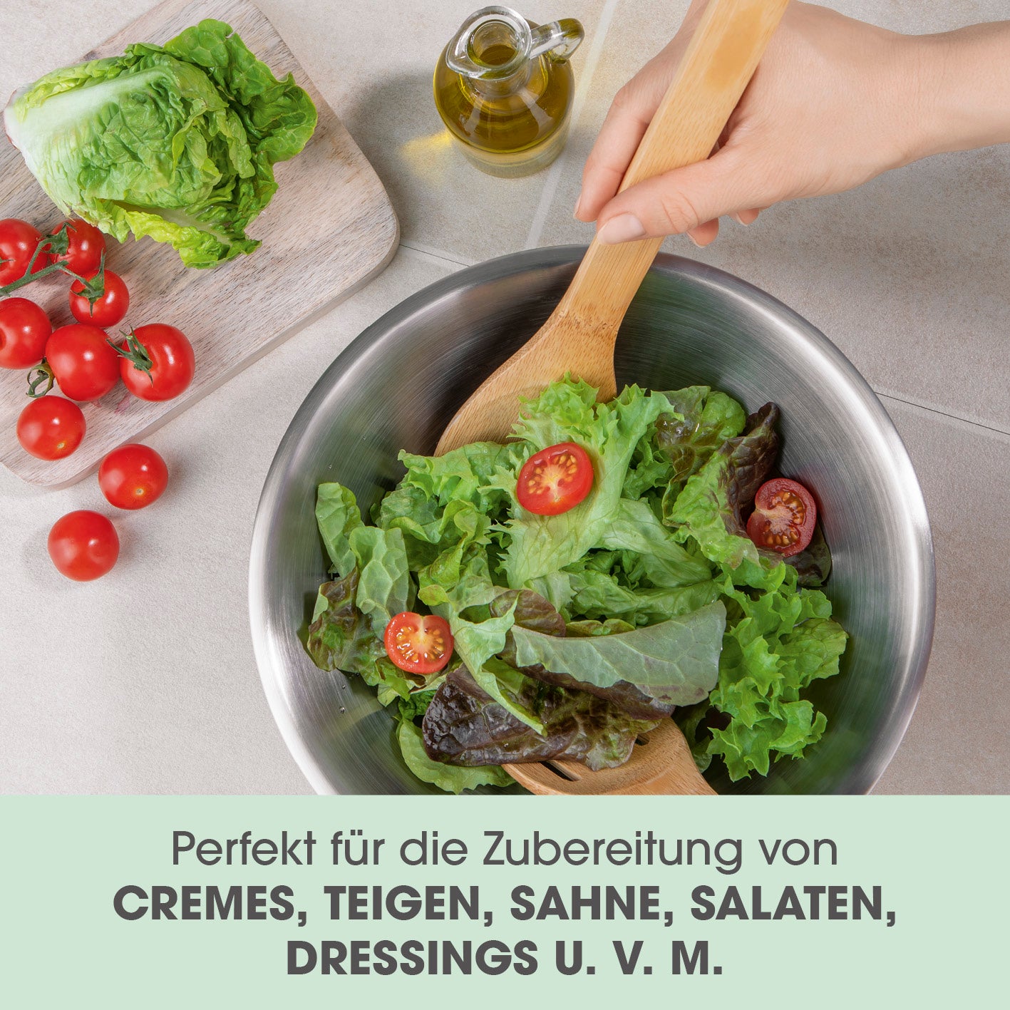 Edelstahl-Schüsseln rund - Edelstahl mit frischem Salat, ideal zum Zubereiten, Servieren und Aufbewahren, spülmaschinengeeignet.