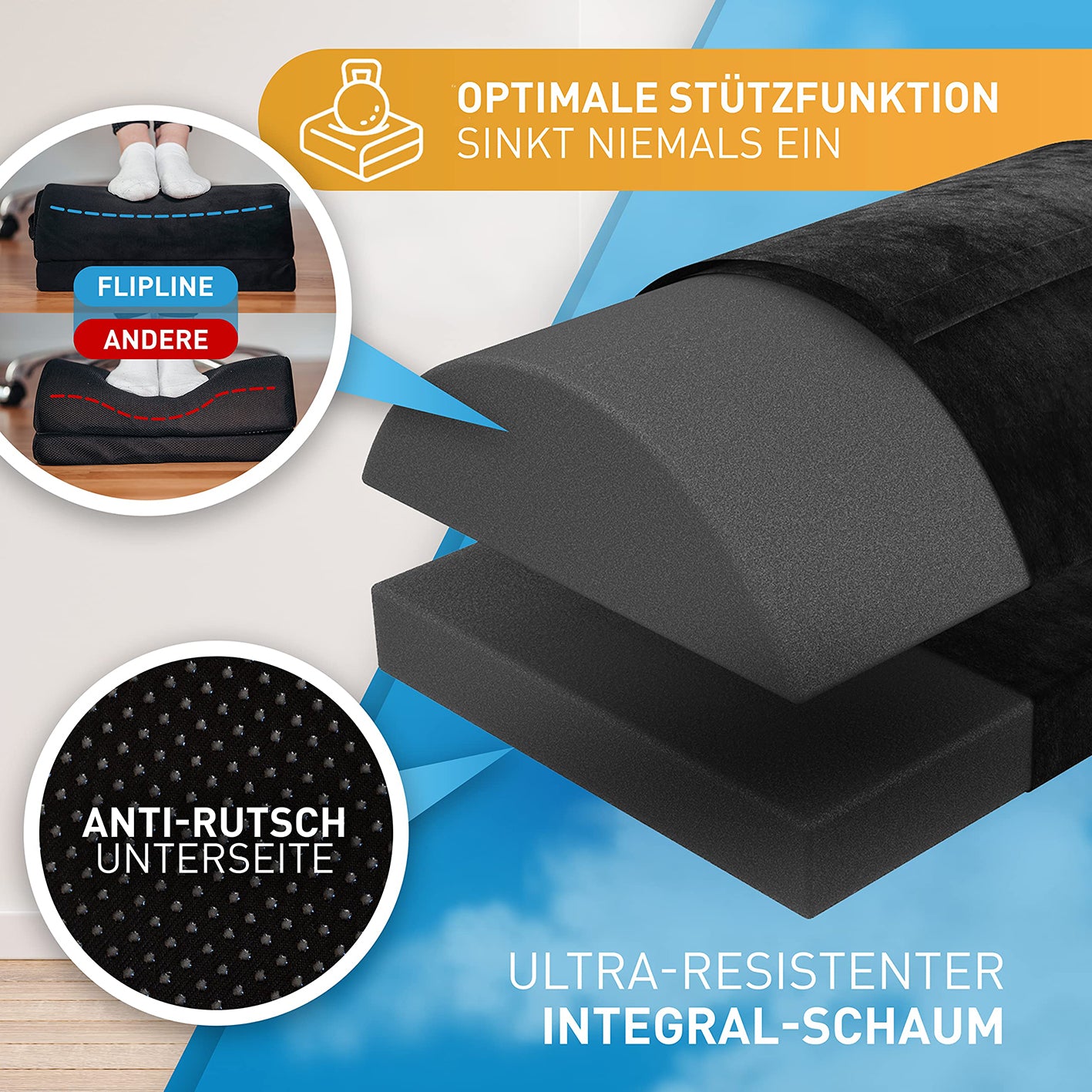Schreibtisch-Fußstütze mit Fußtasche - Schwarz mit ergonomischem Design, rutschfester Unterseite und widerstandsfähigem Integralschaum