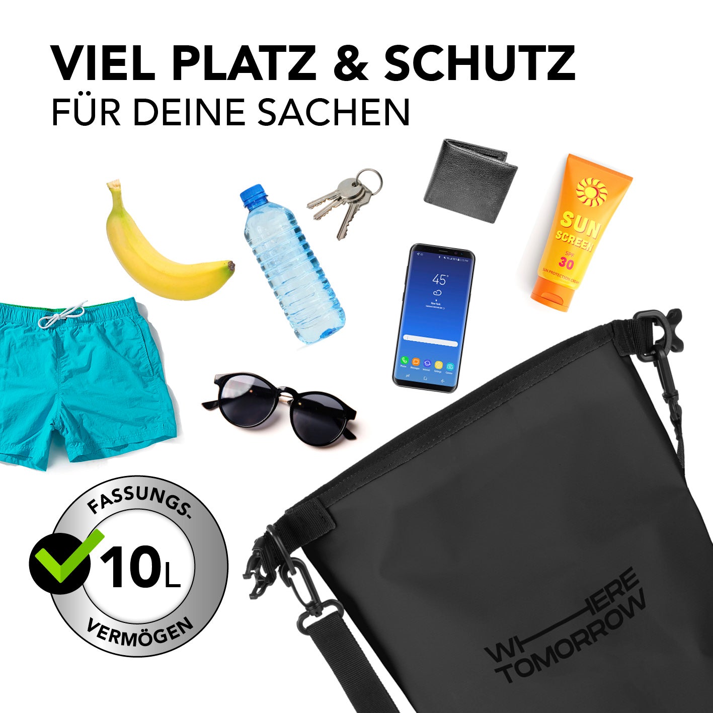 Dry Bag 10L - Style 01 - Schwarz, wasserdichter, robuster Rucksack mit viel Platz und Sicherheit für Outdoor-Abenteuer.