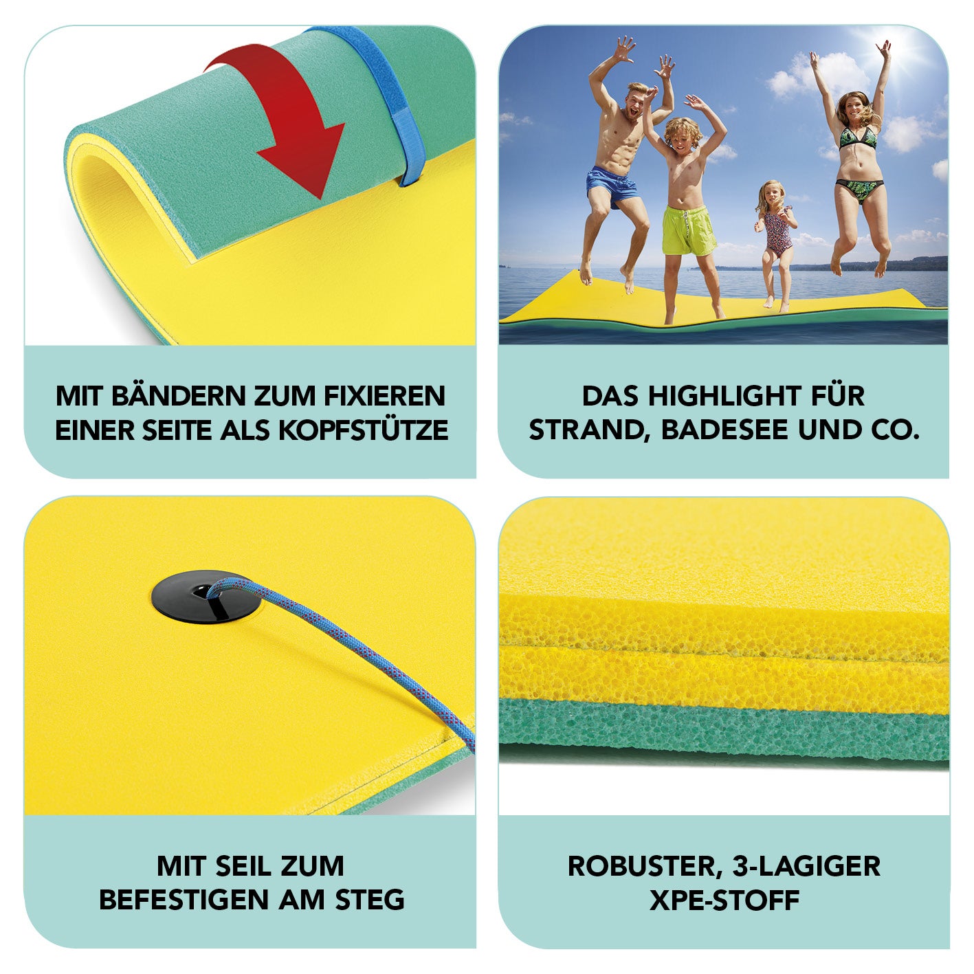 Wassermatte XXL 270x180cm gelb/türkis mit Fixierbändern, Befestigungsseil und robustem 3-lagigem XPE-Stoff für bis zu 300 kg Belastung