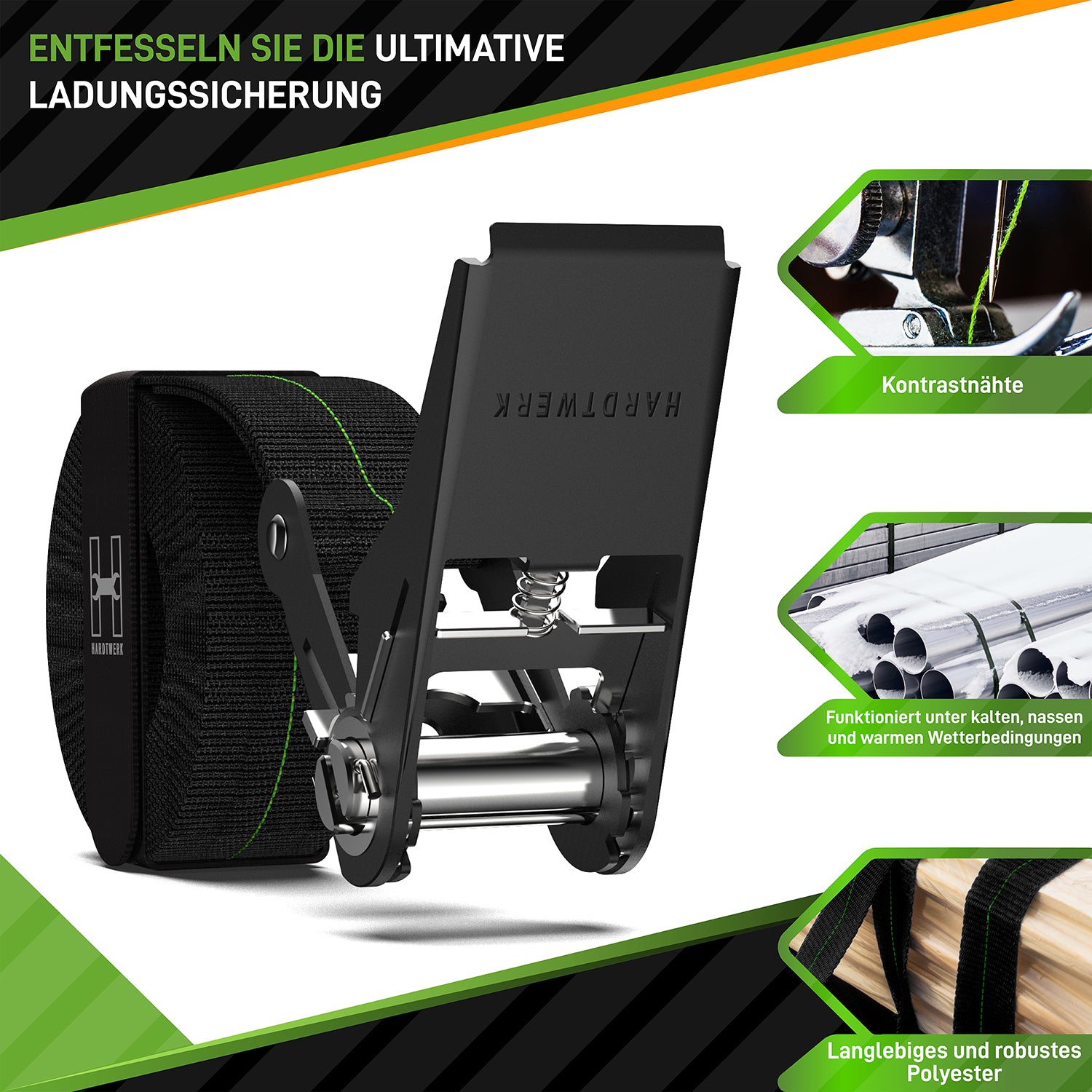 Spanngurte mit Ratschen - 4er-Set - Schwarz aus robustem Polyester mit starkem Stahlratschenmechanismus und 6m Länge für Ladungssicherung.